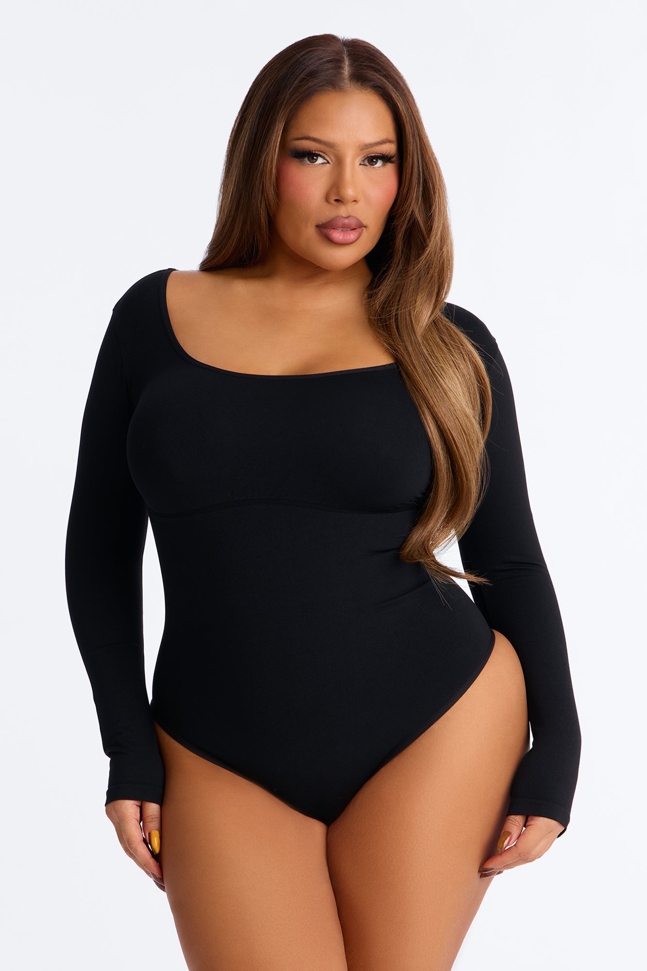 Avery Long Sleeve Compression Shapewear Thong Bodysuit - Black