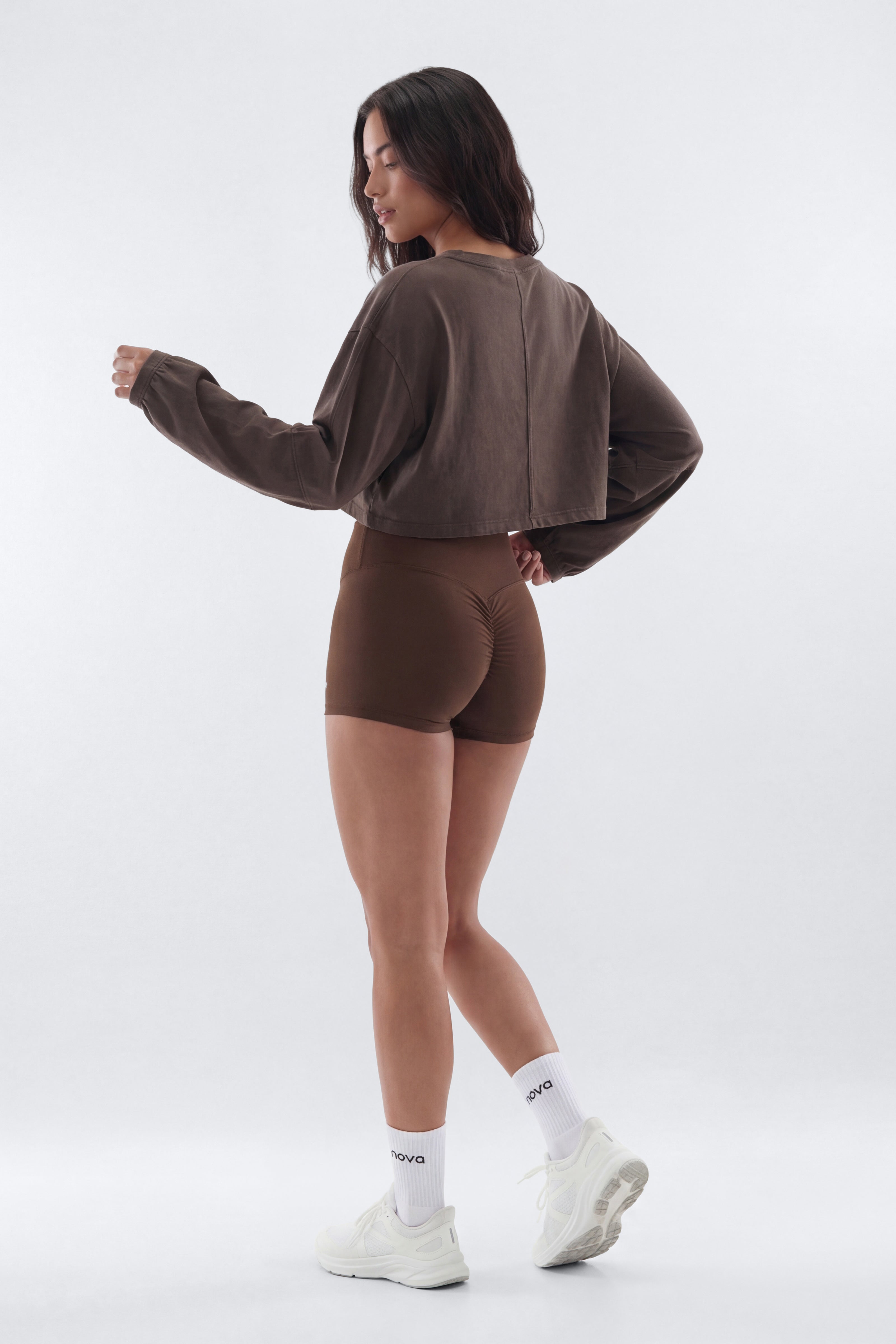 Cotton Jersey Long Sleeve Cropped Top - Brown