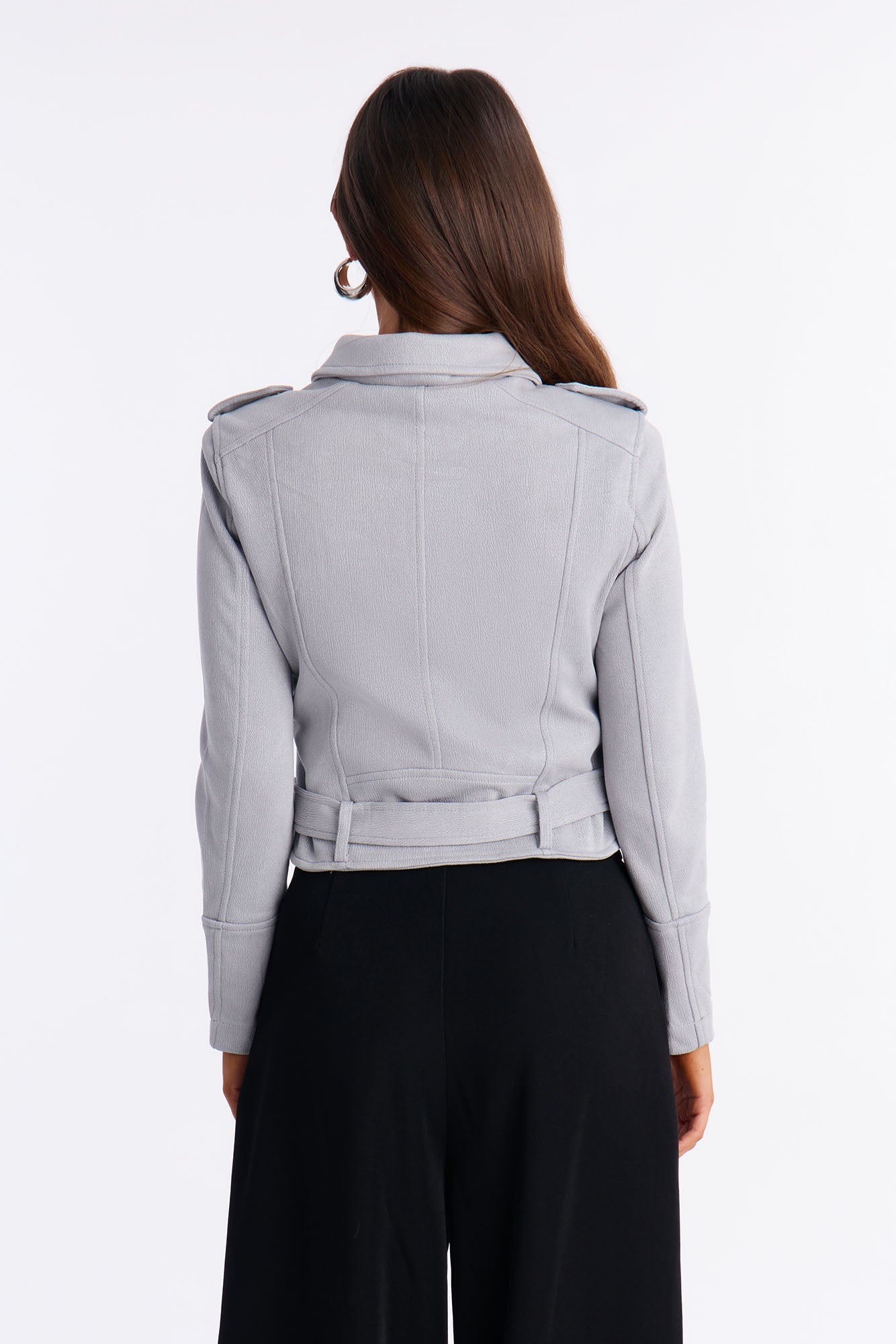 Inez Faux Suede Belted Moto Jacket - Dusty Blue