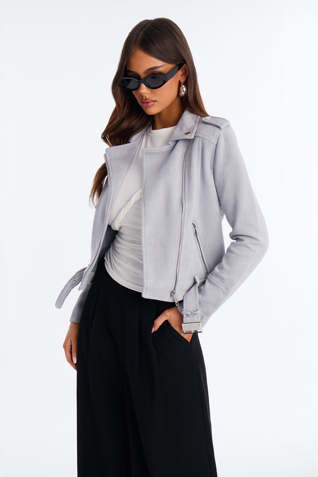 Inez Faux Suede Belted Moto Jacket - Dusty Blue