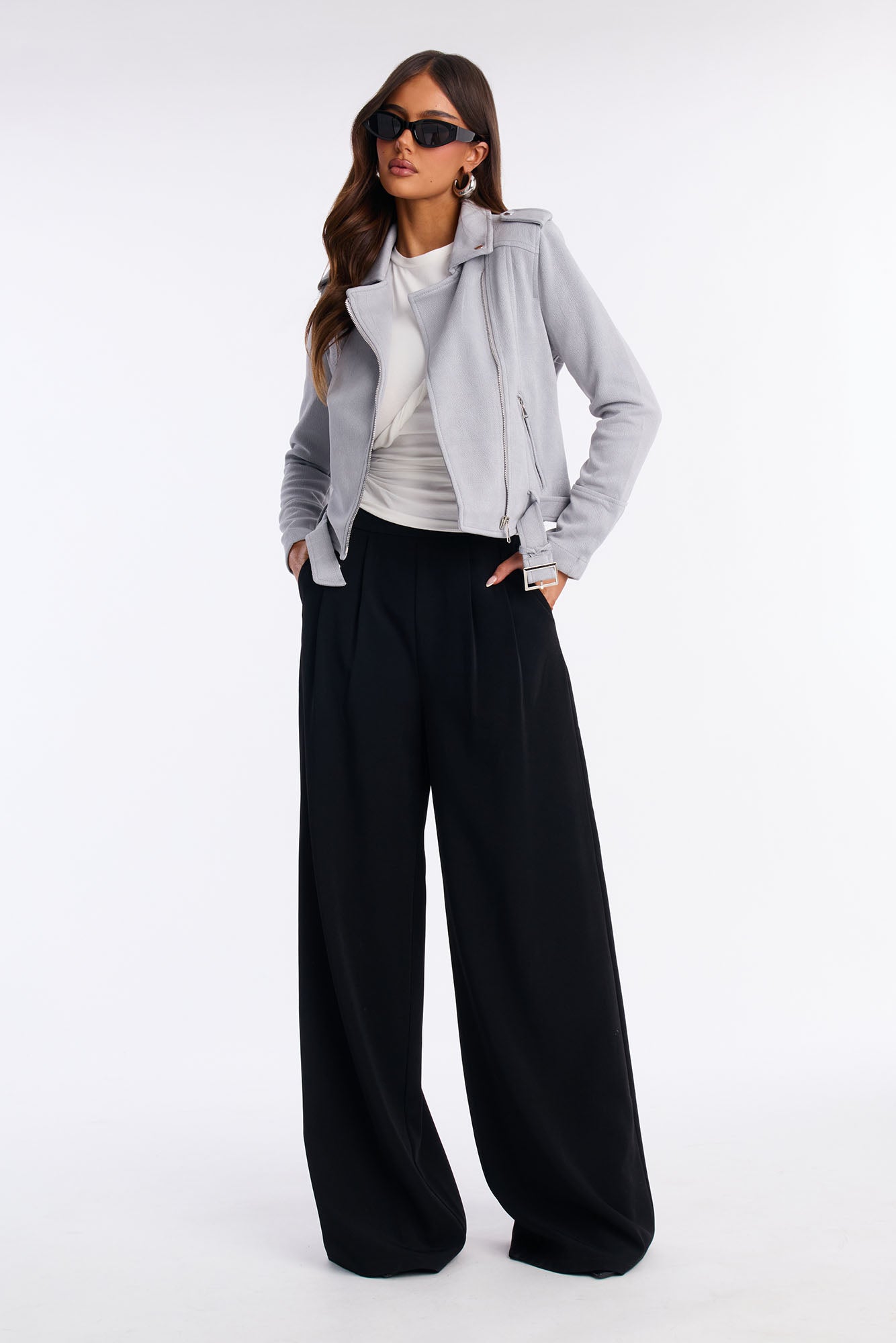 Inez Faux Suede Belted Moto Jacket - Dusty Blue