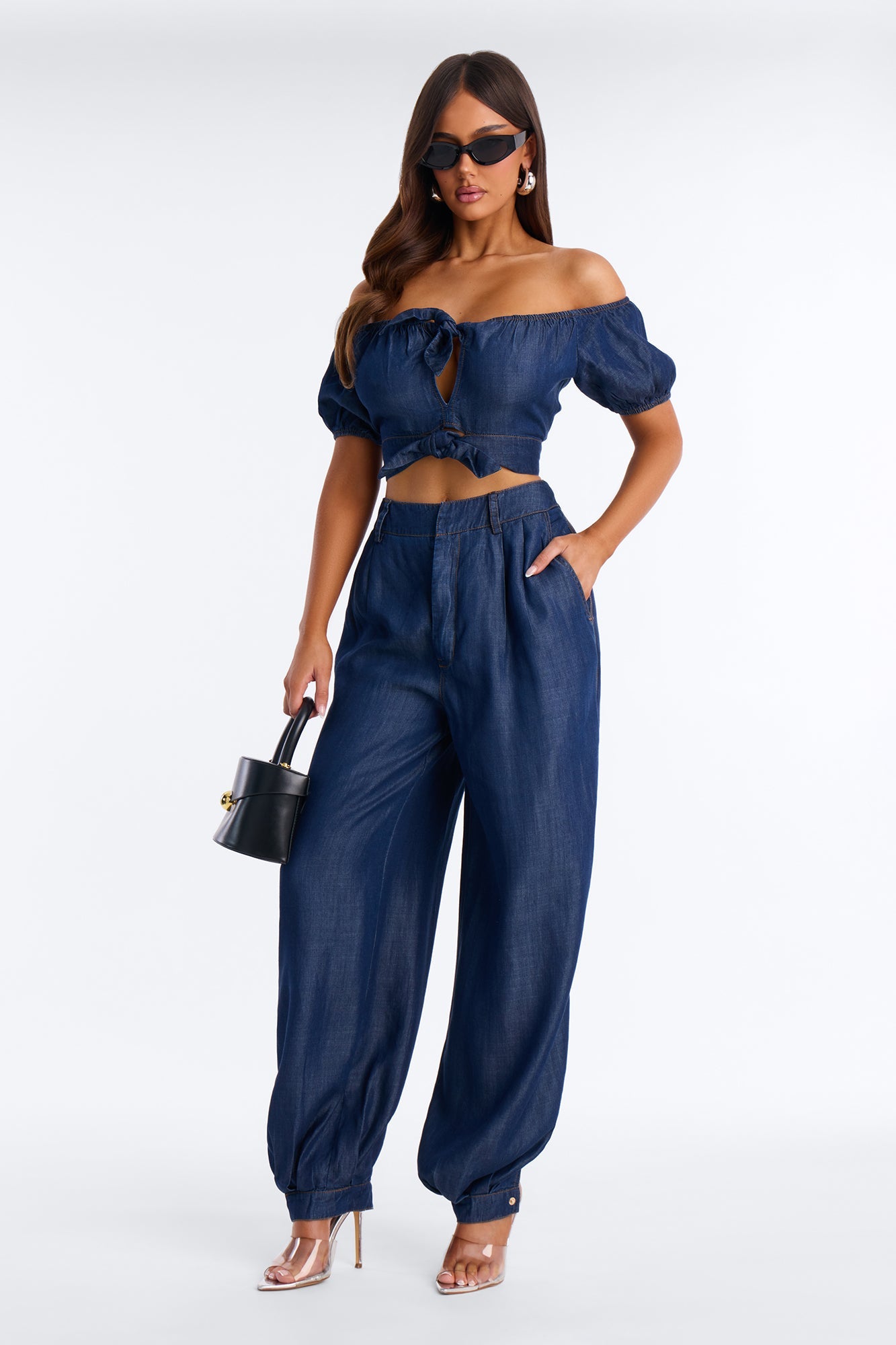 Lola Off Shoulder Balloon Pant Set - Dark Denim