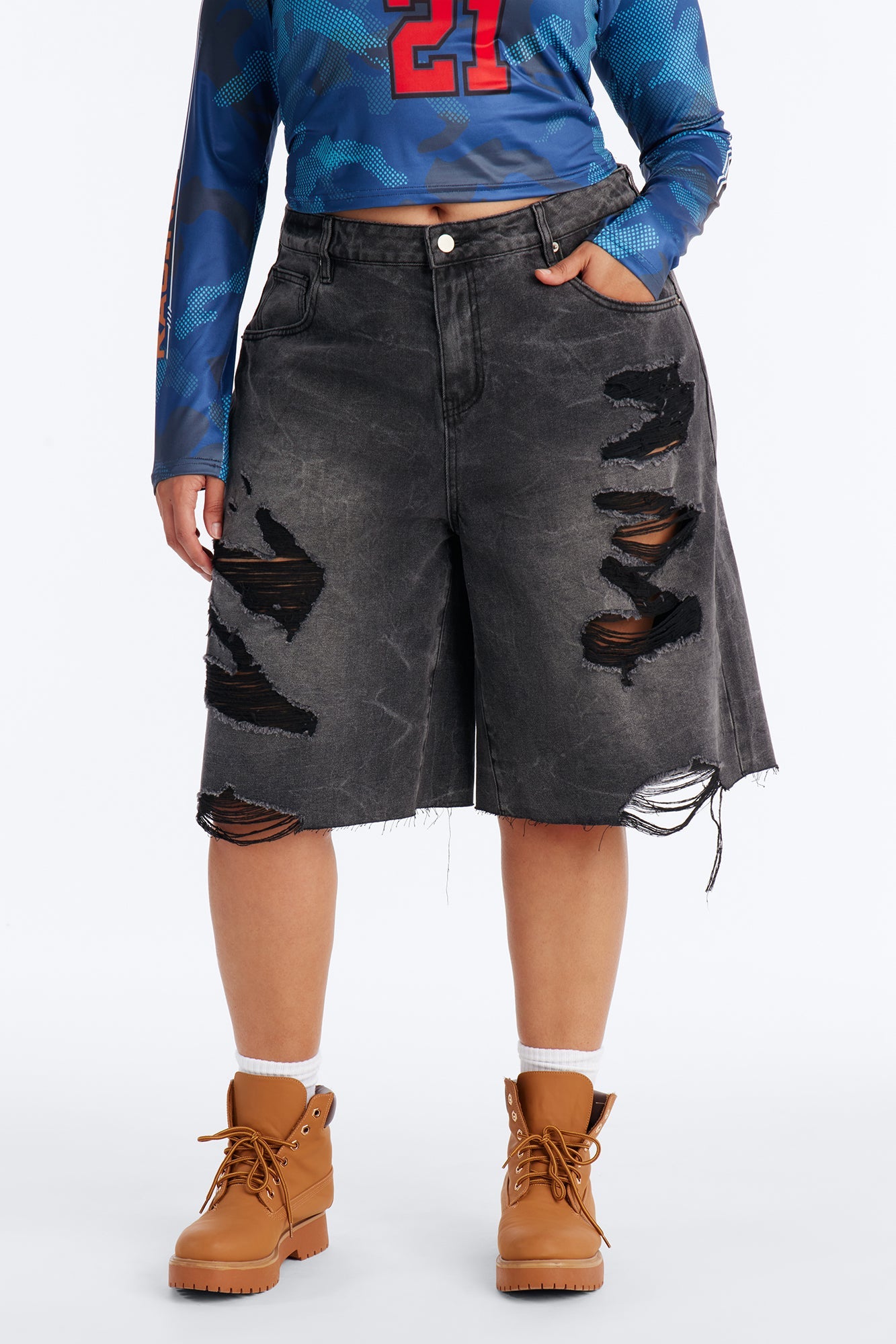 Watch Me Go Ripped Denim Shorts - Black Wash