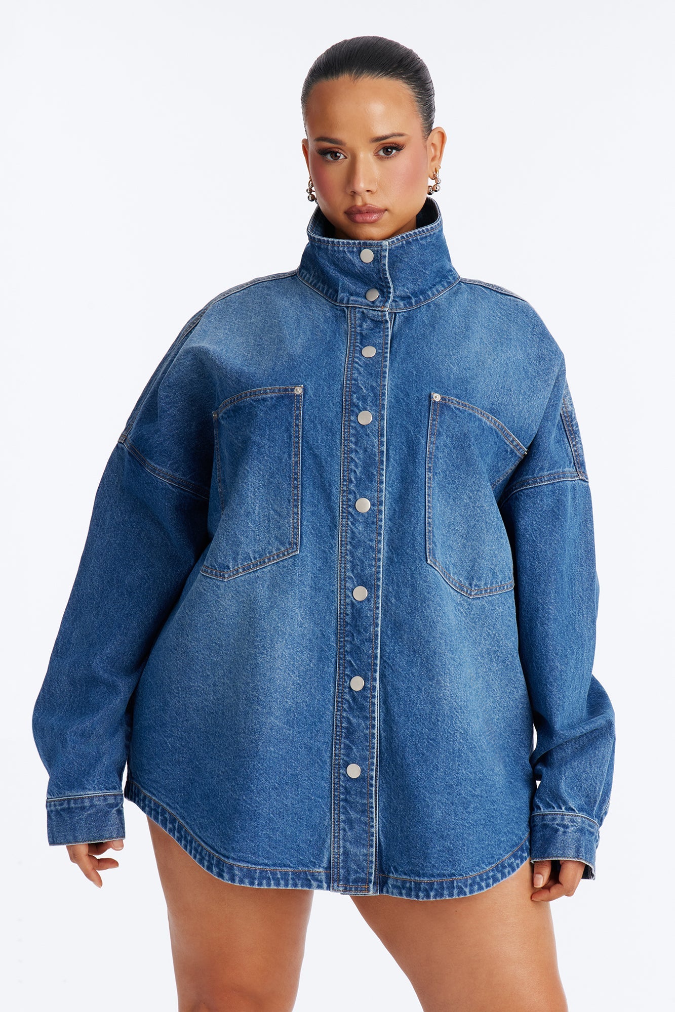 Freya High Neck Oversized Denim Shacket - Medium Wash