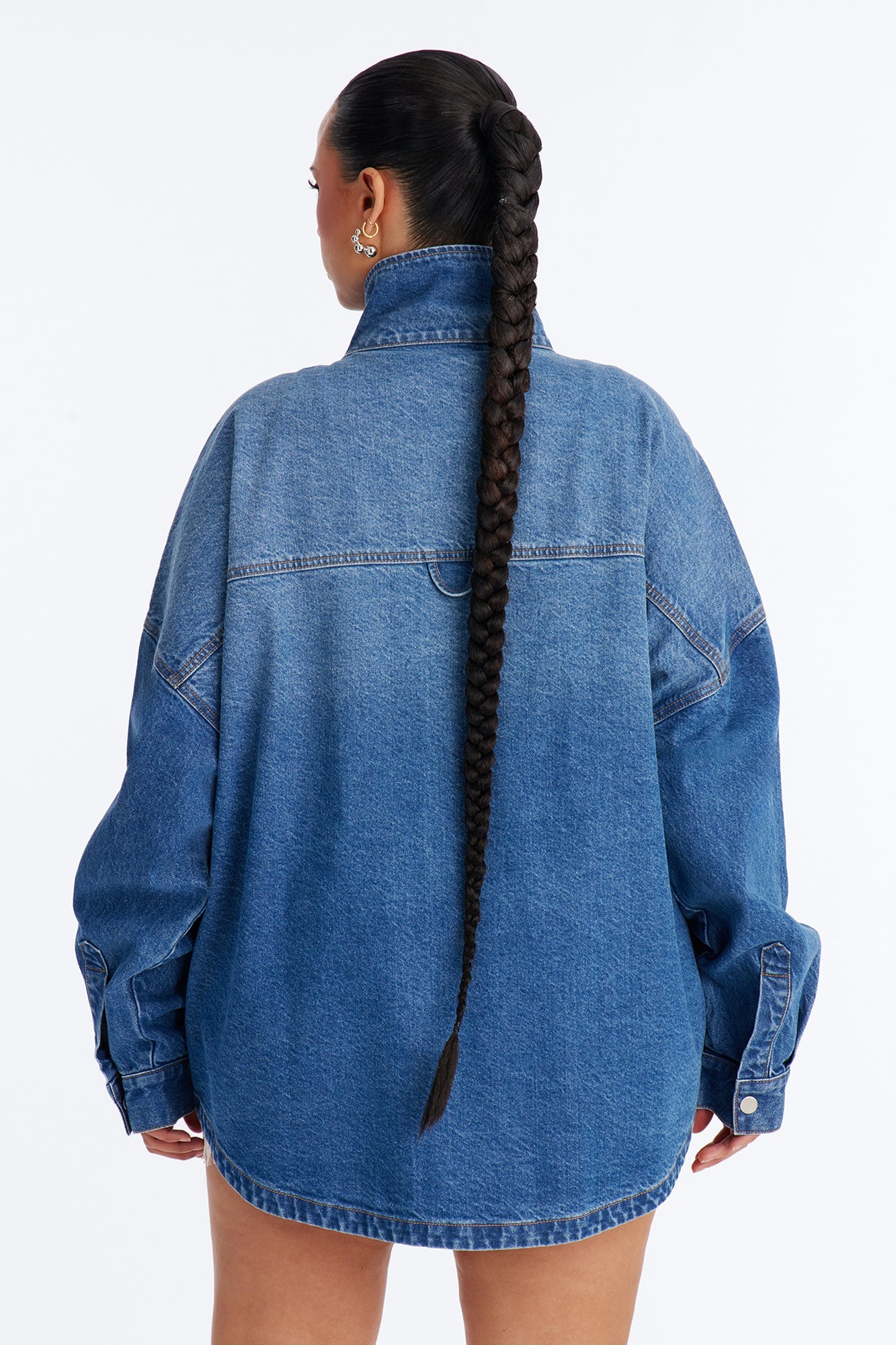 Freya High Neck Oversized Denim Shacket - Medium Wash