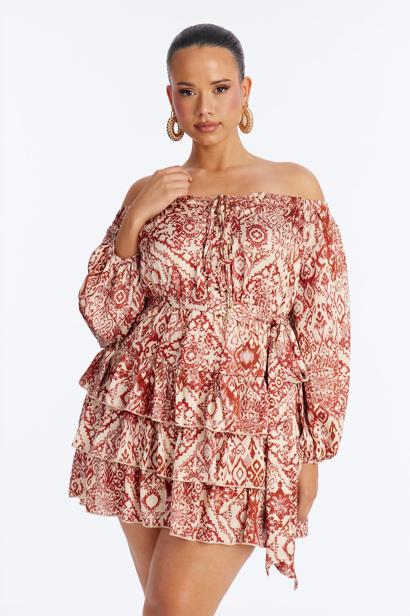 Cleo Off Shoulder Satin Mini Dress - Rust/combo
