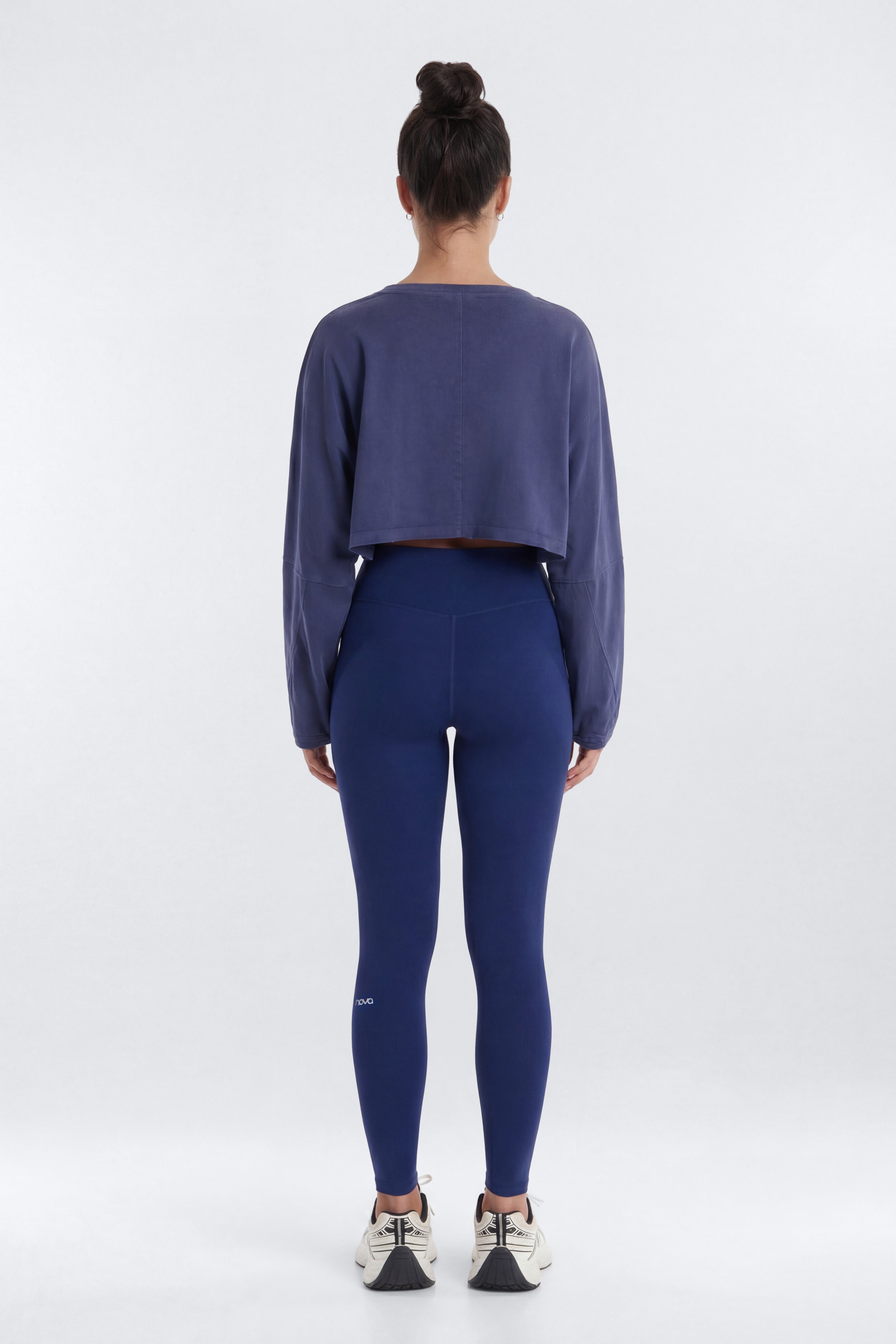 Cotton Jersey Long Sleeve Cropped Top - Navy