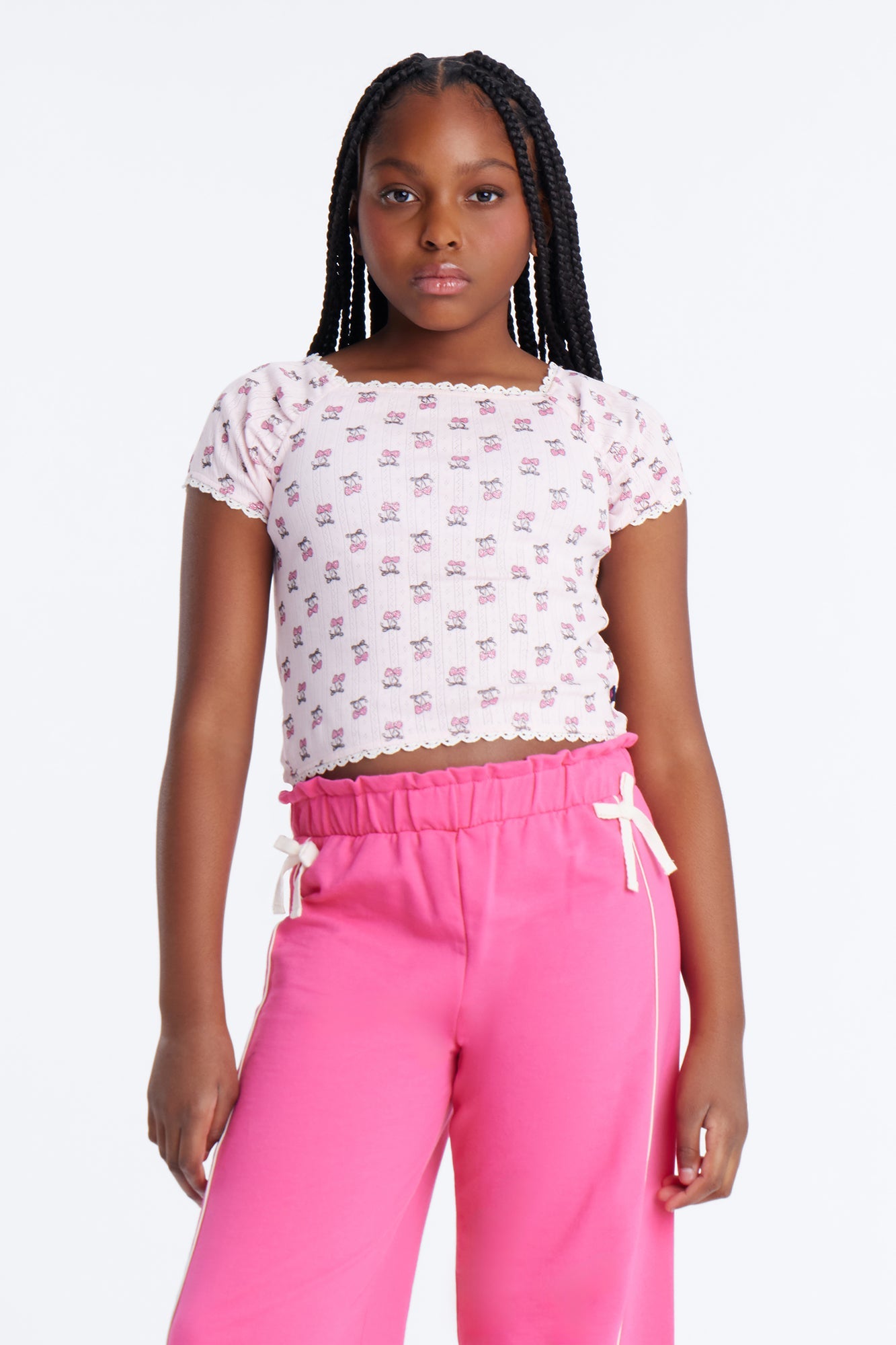 Mini Cherry Sweet Girl Wide Leg Pant Set - Pink