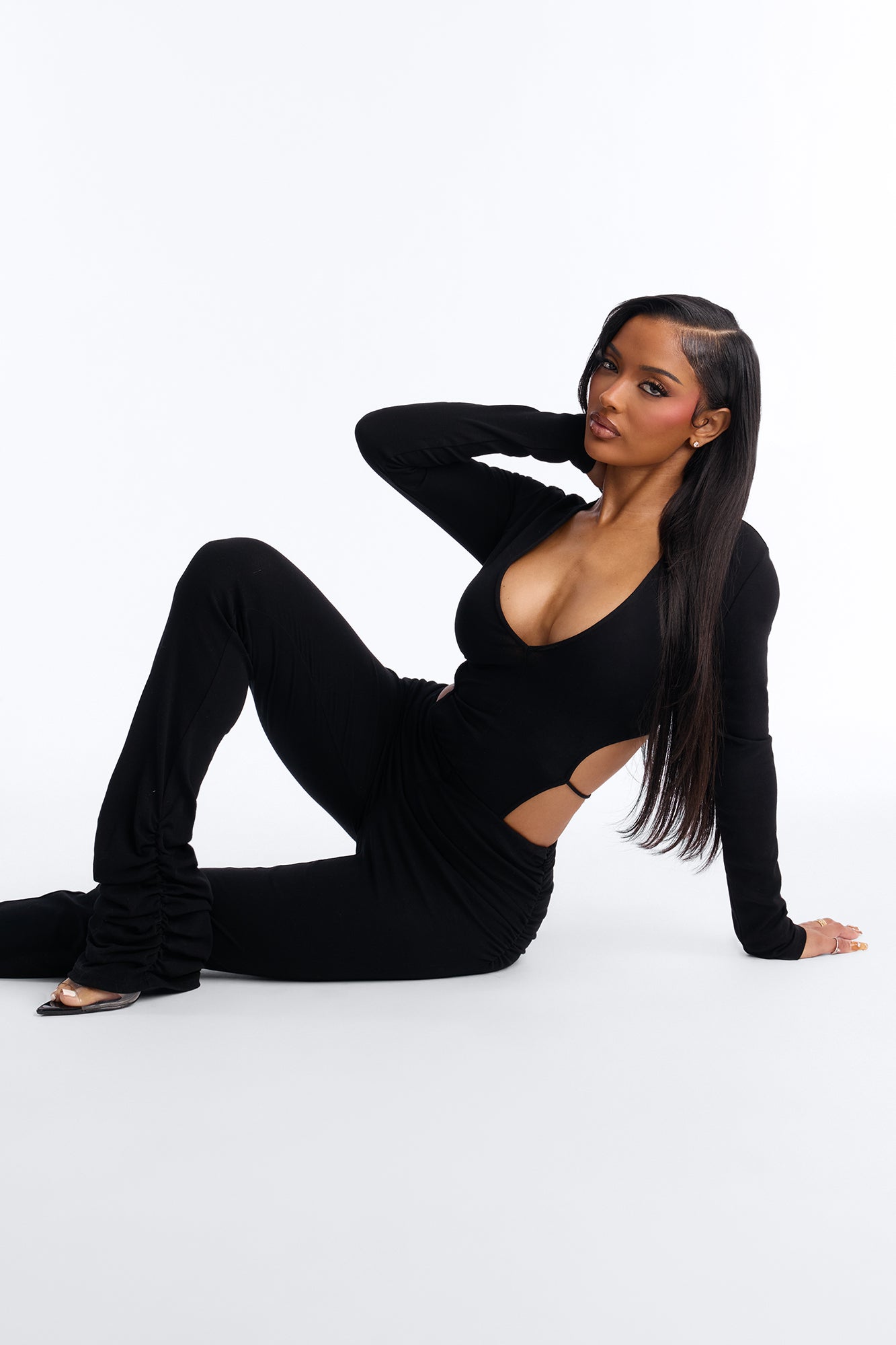 Christy Long Sleeve Ruched Leg Jumpsuit - Black
