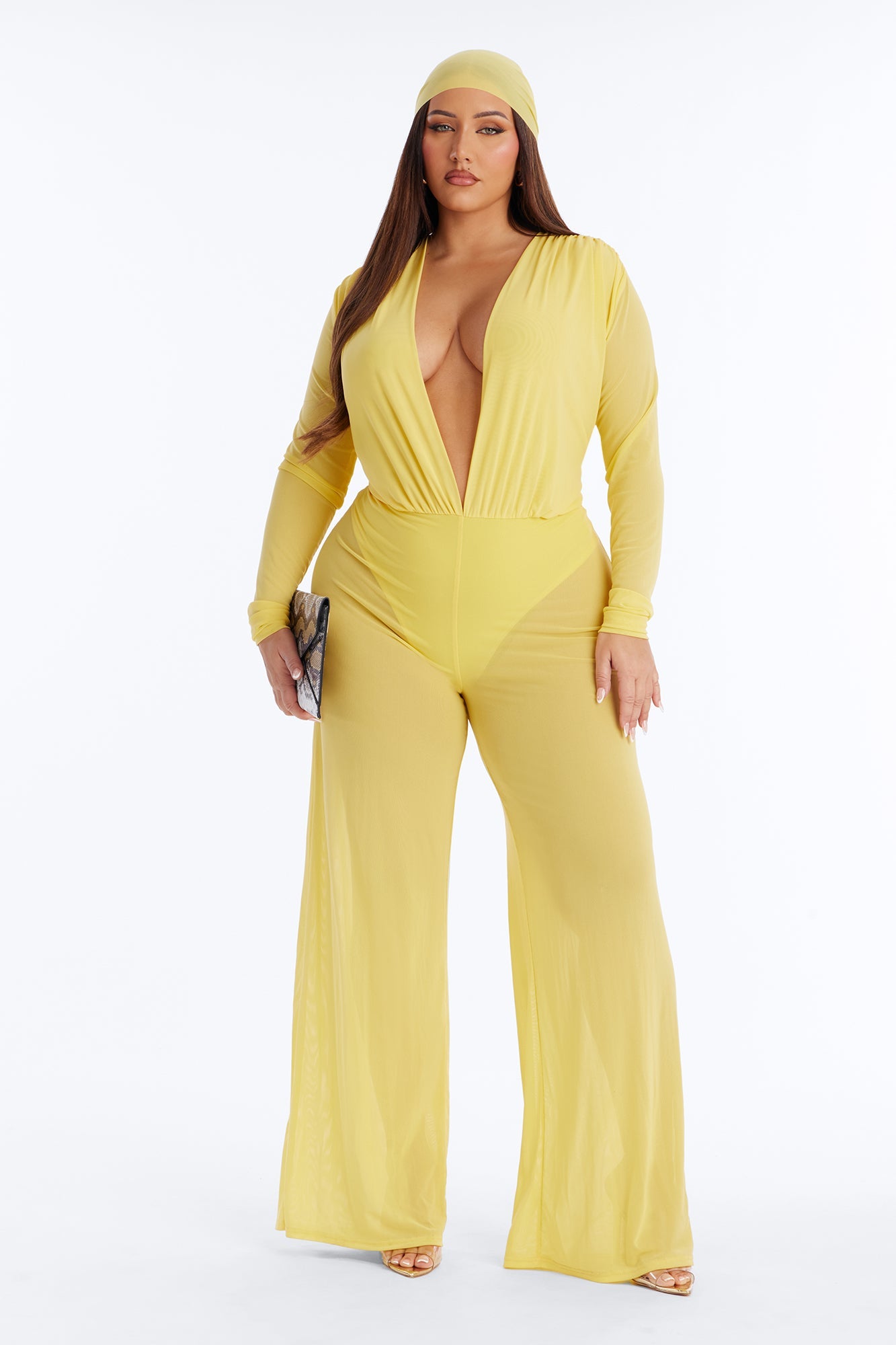 Sara Plunge Neck Jumpsuit And Headscarf 2 Piece Set - Butter Yellow