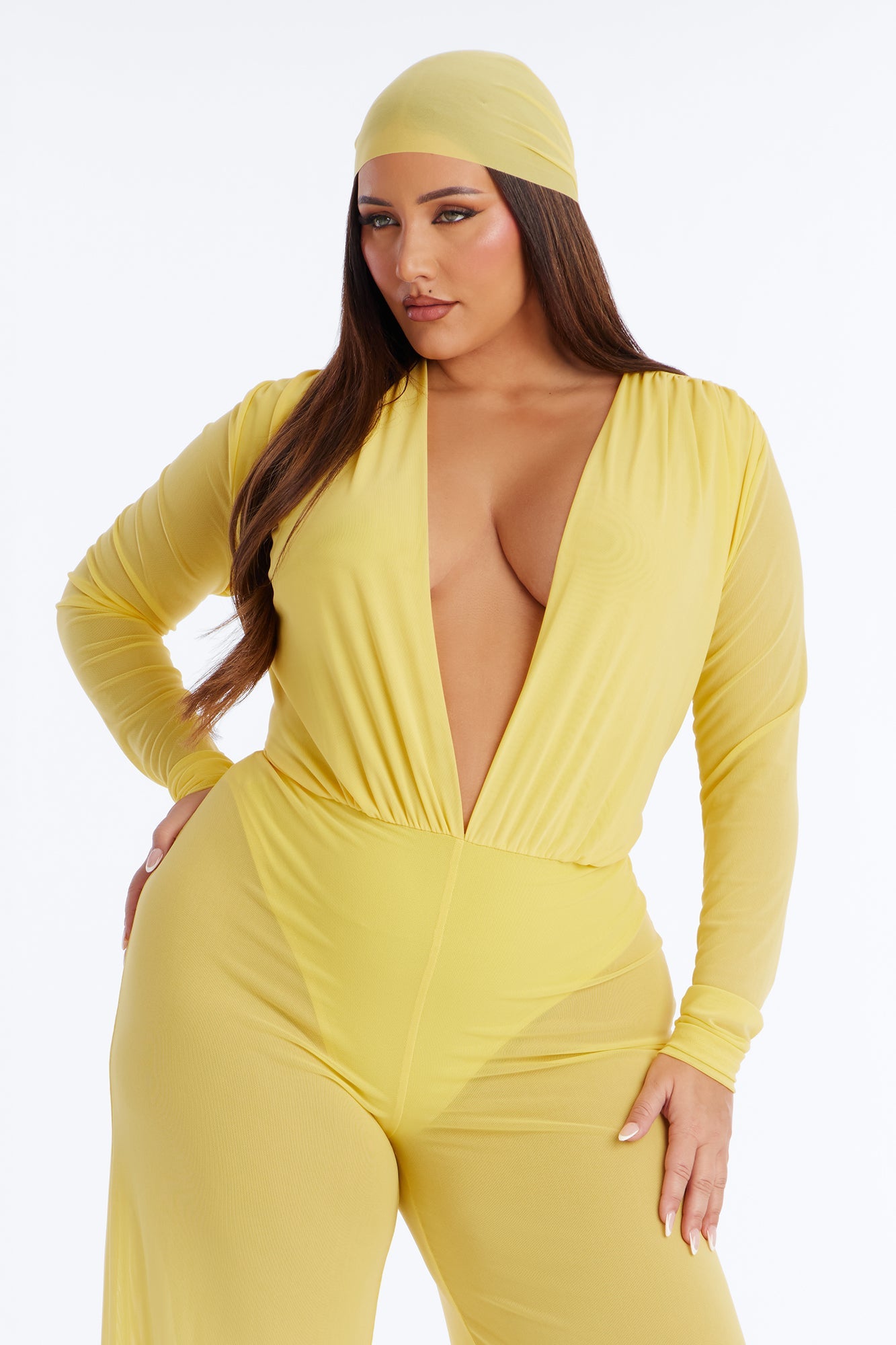 Sara Plunge Neck Jumpsuit And Headscarf 2 Piece Set - Butter Yellow