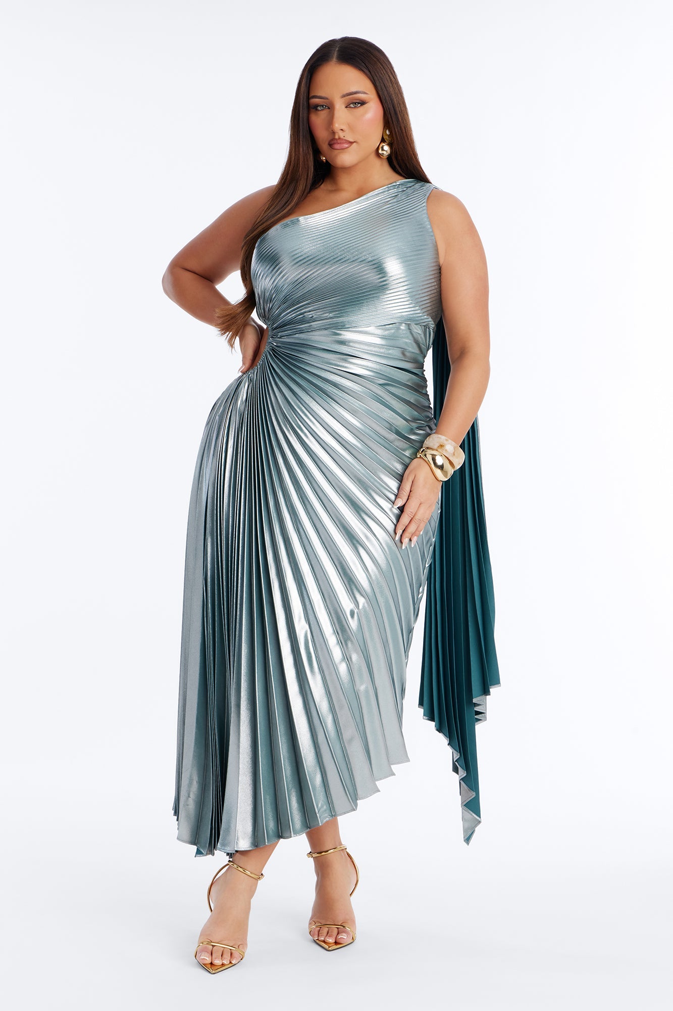 Cleo Pleated Metallic Gown - Teal