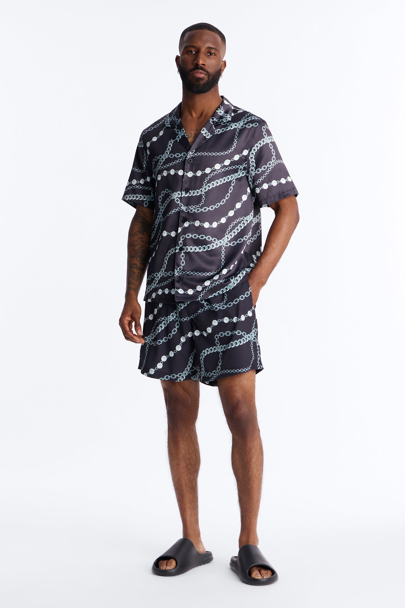 Chain Flex Printed Cuban Collar Button Up Shirt - Black