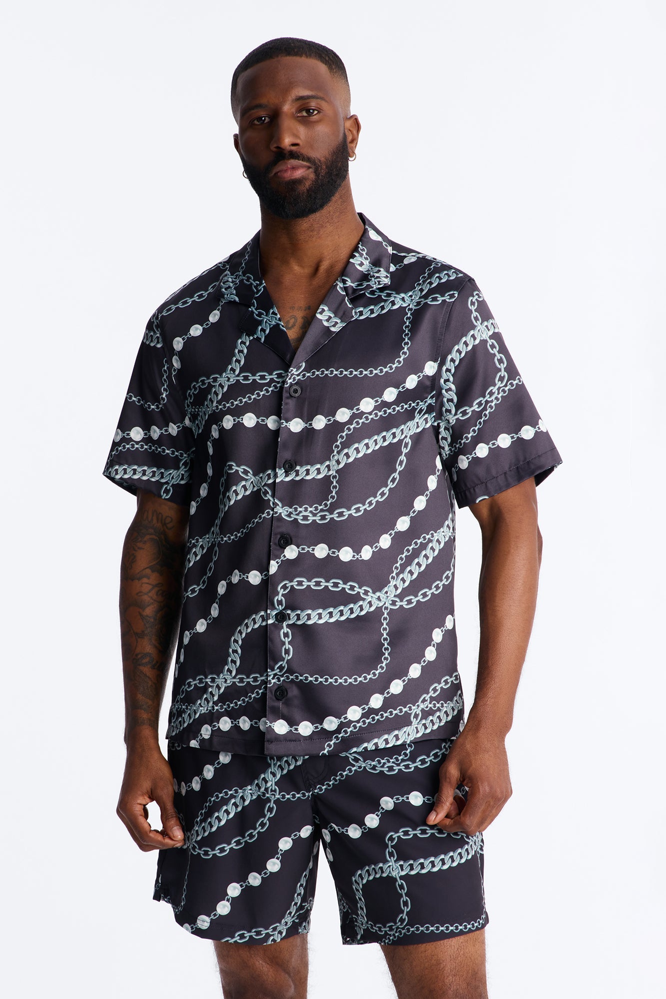 Chain Flex Printed Cuban Collar Button Up Shirt - Black