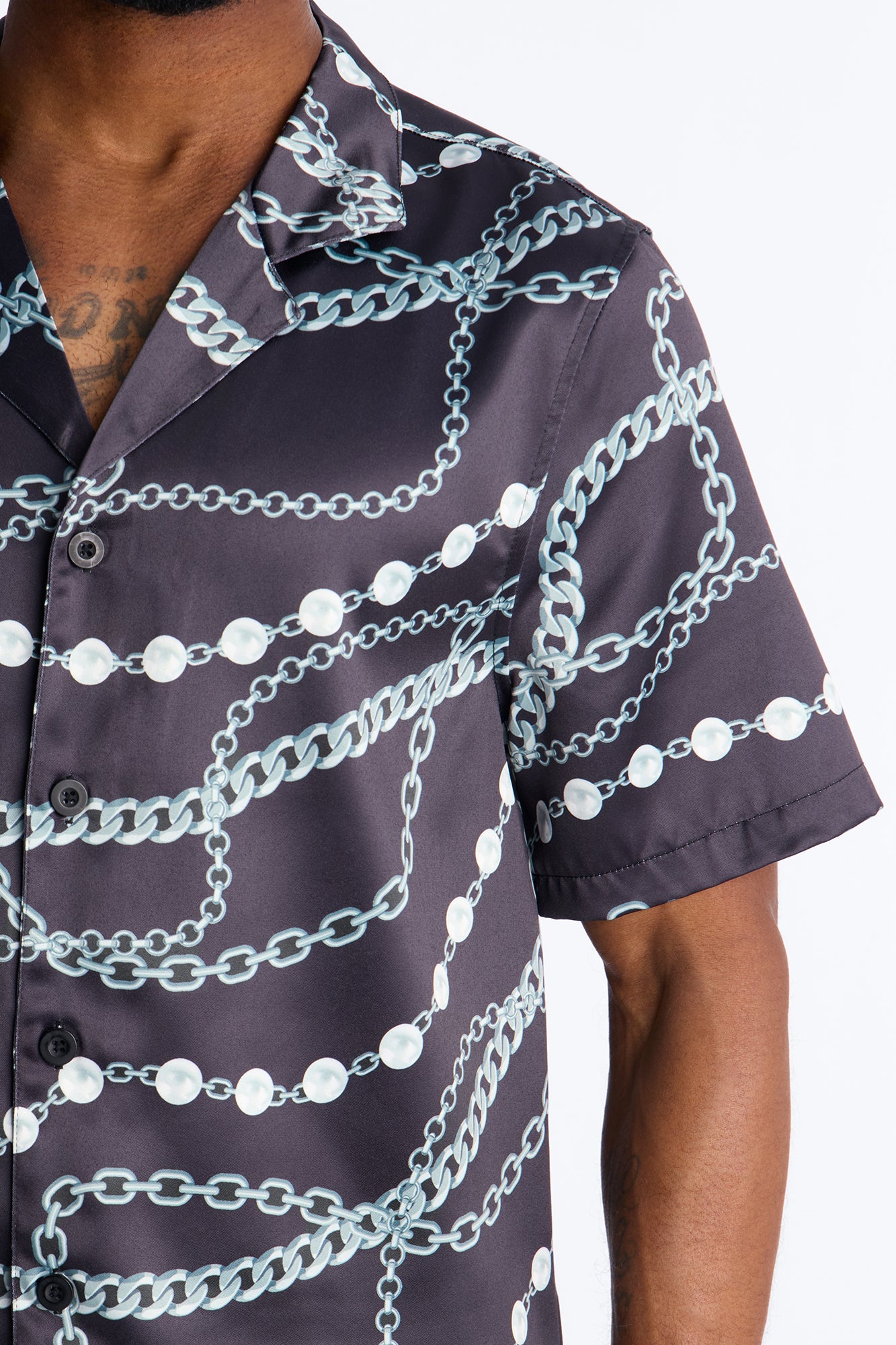 Chain Flex Printed Cuban Collar Button Up Shirt - Black