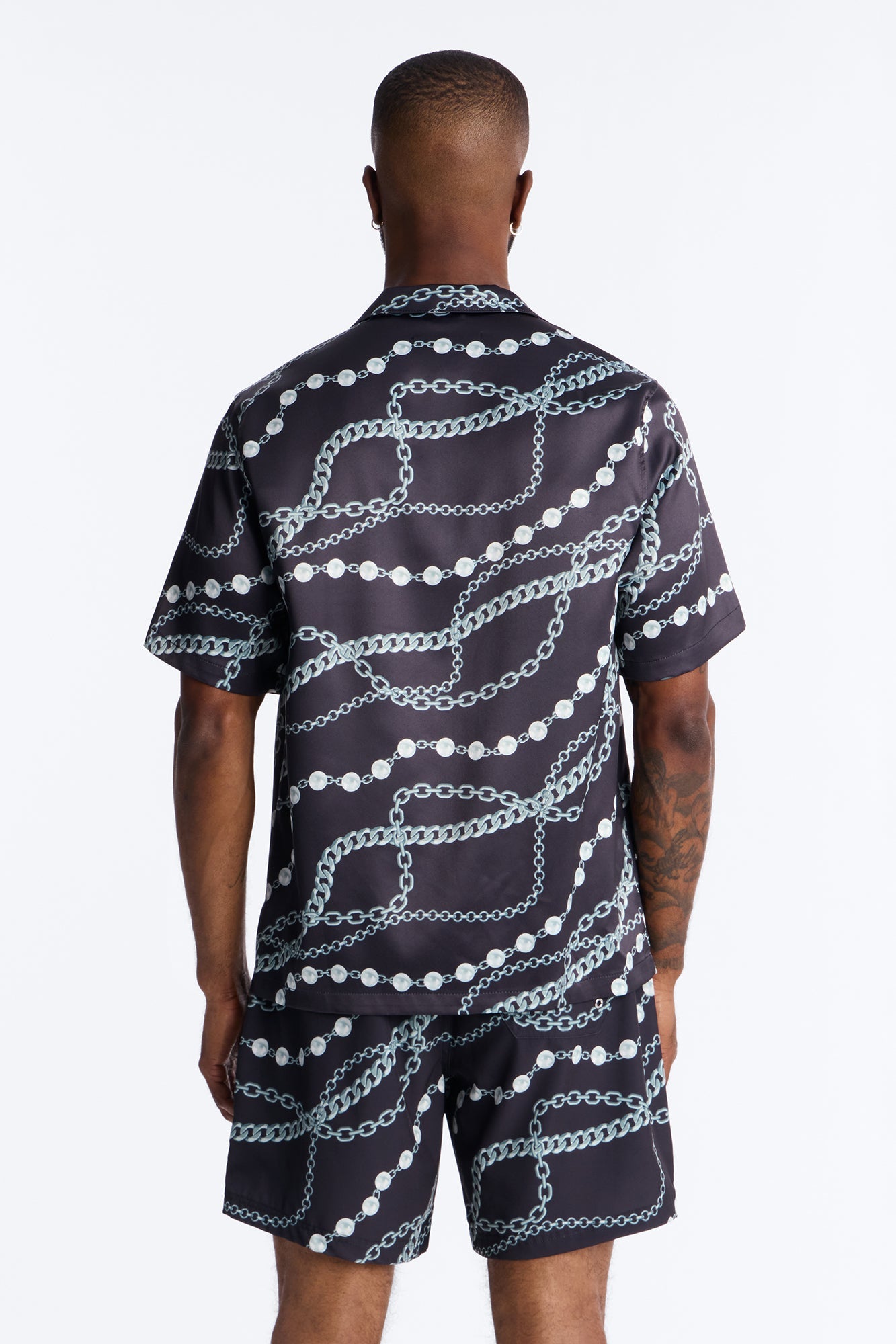 Chain Flex Printed Cuban Collar Button Up Shirt - Black
