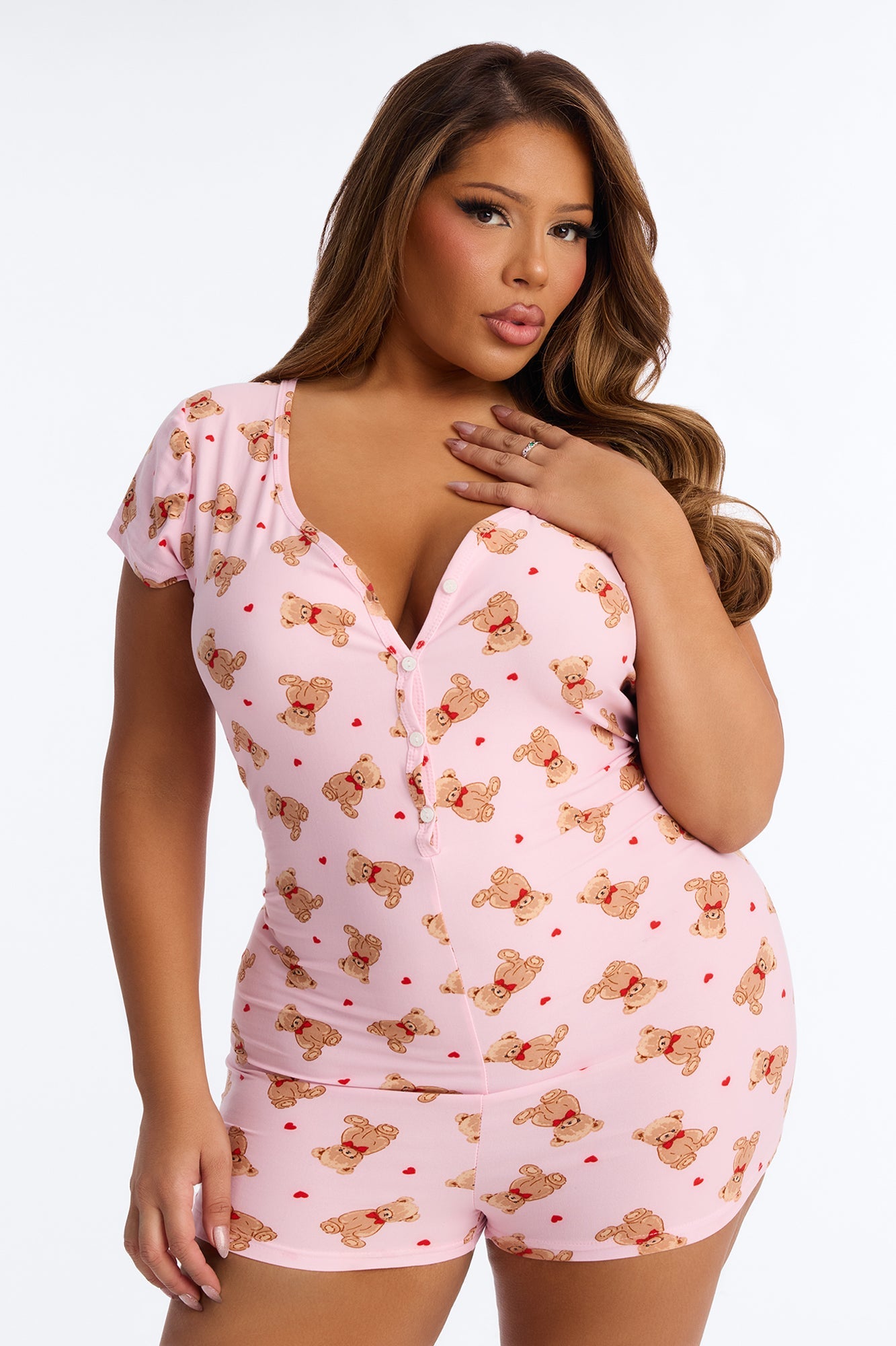 Cutie Bear PJ Romper Onesie - Pink/combo