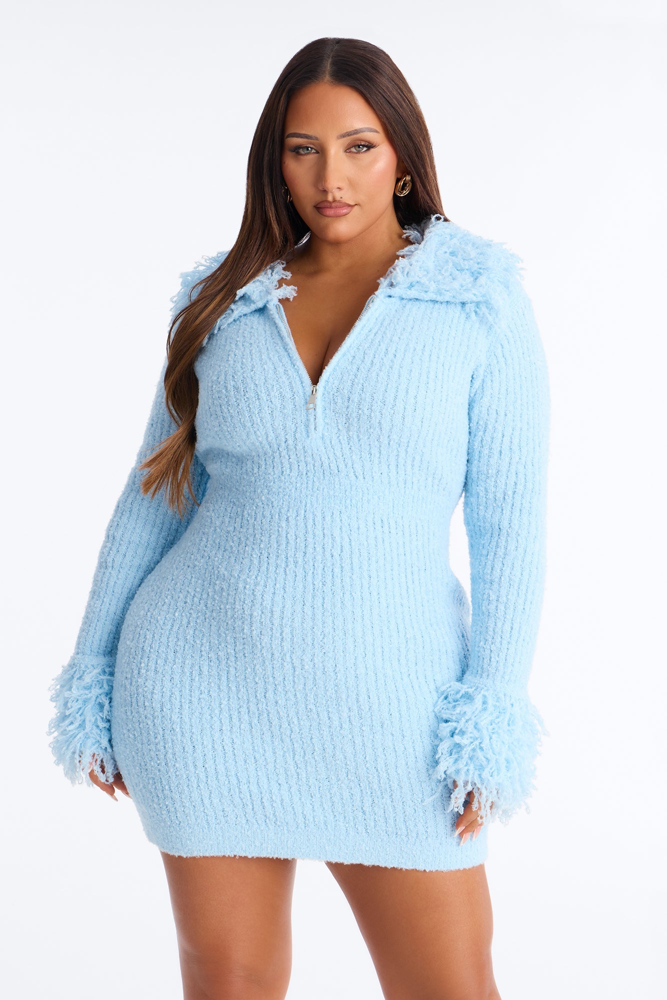 Zahra Fringe Trim Sweater Mini Dress - Light Blue