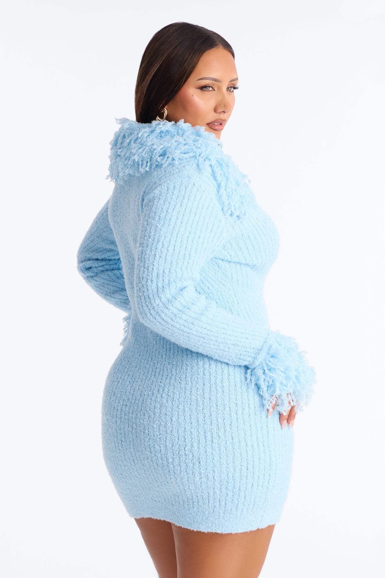 Zahra Fringe Trim Sweater Mini Dress - Light Blue