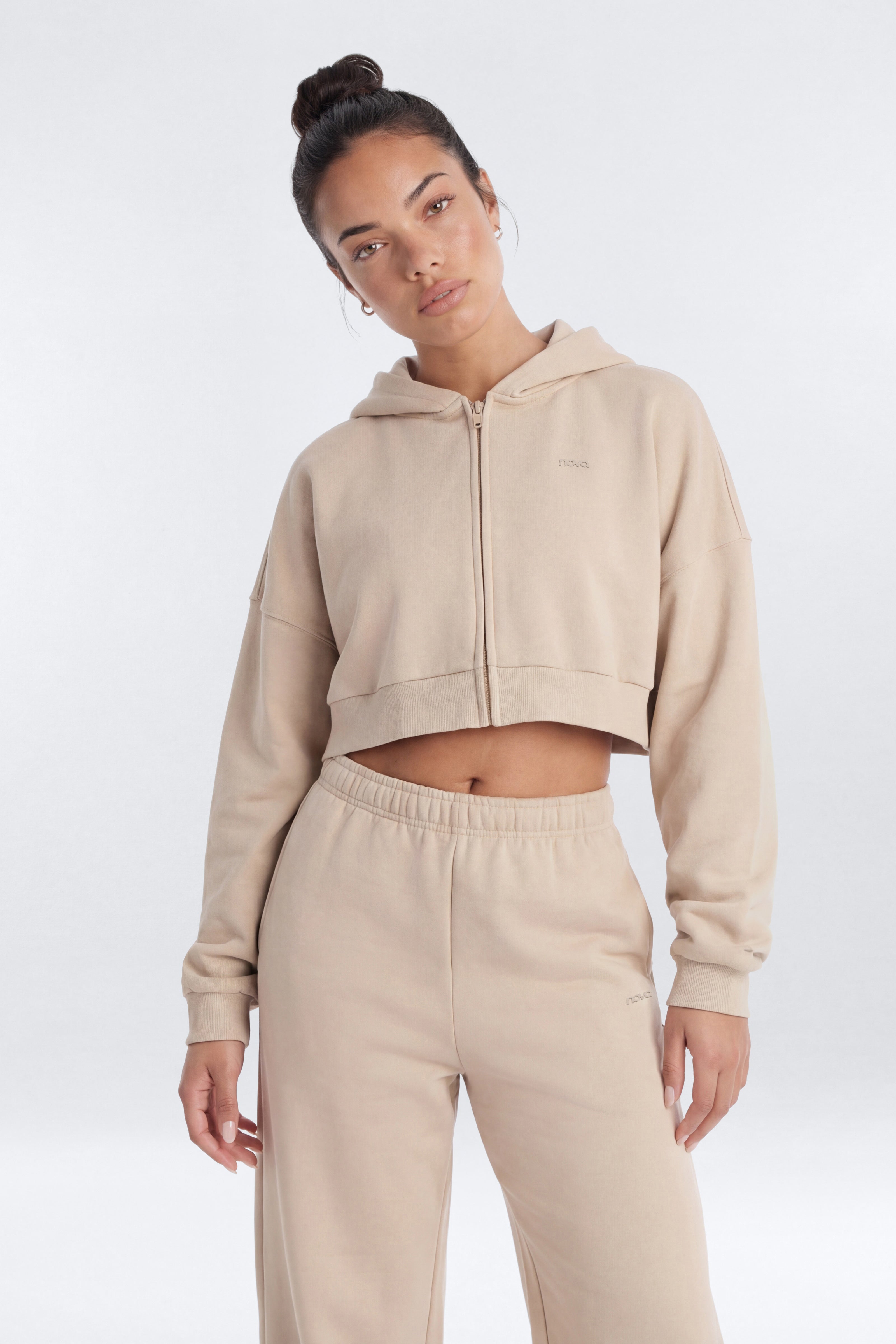 CoreFleece Boxy Crop Zip Hoodie Sweatshirt - Taupe