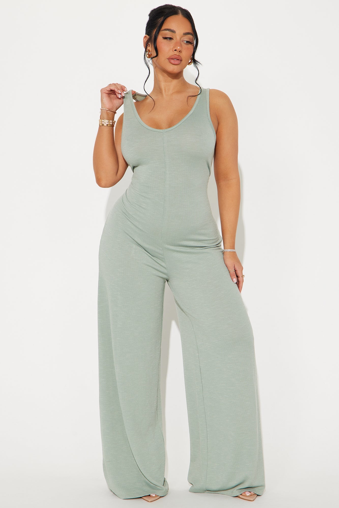 Making My Way Ribbed Jumpsuit - Sage