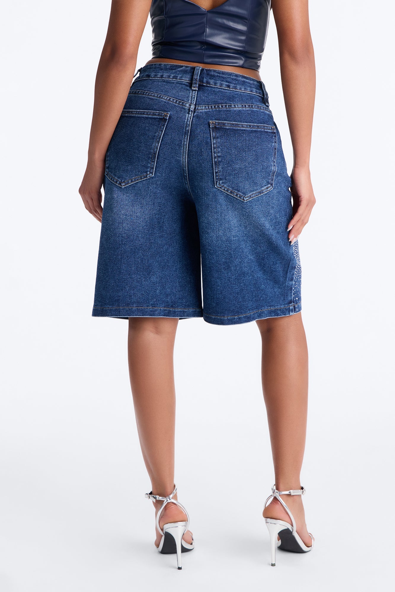 Fancy Pants Embellished Rhinestones Denim Shorts - Dark Wash