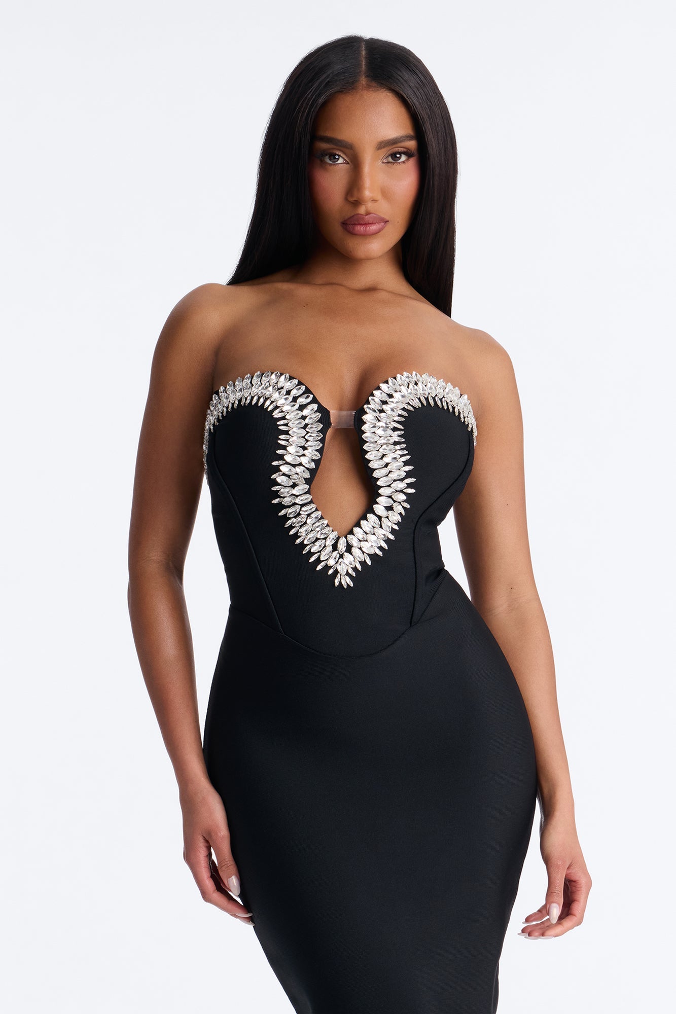 Liora Rhinestone Trim Bandage Midi Dress - Black