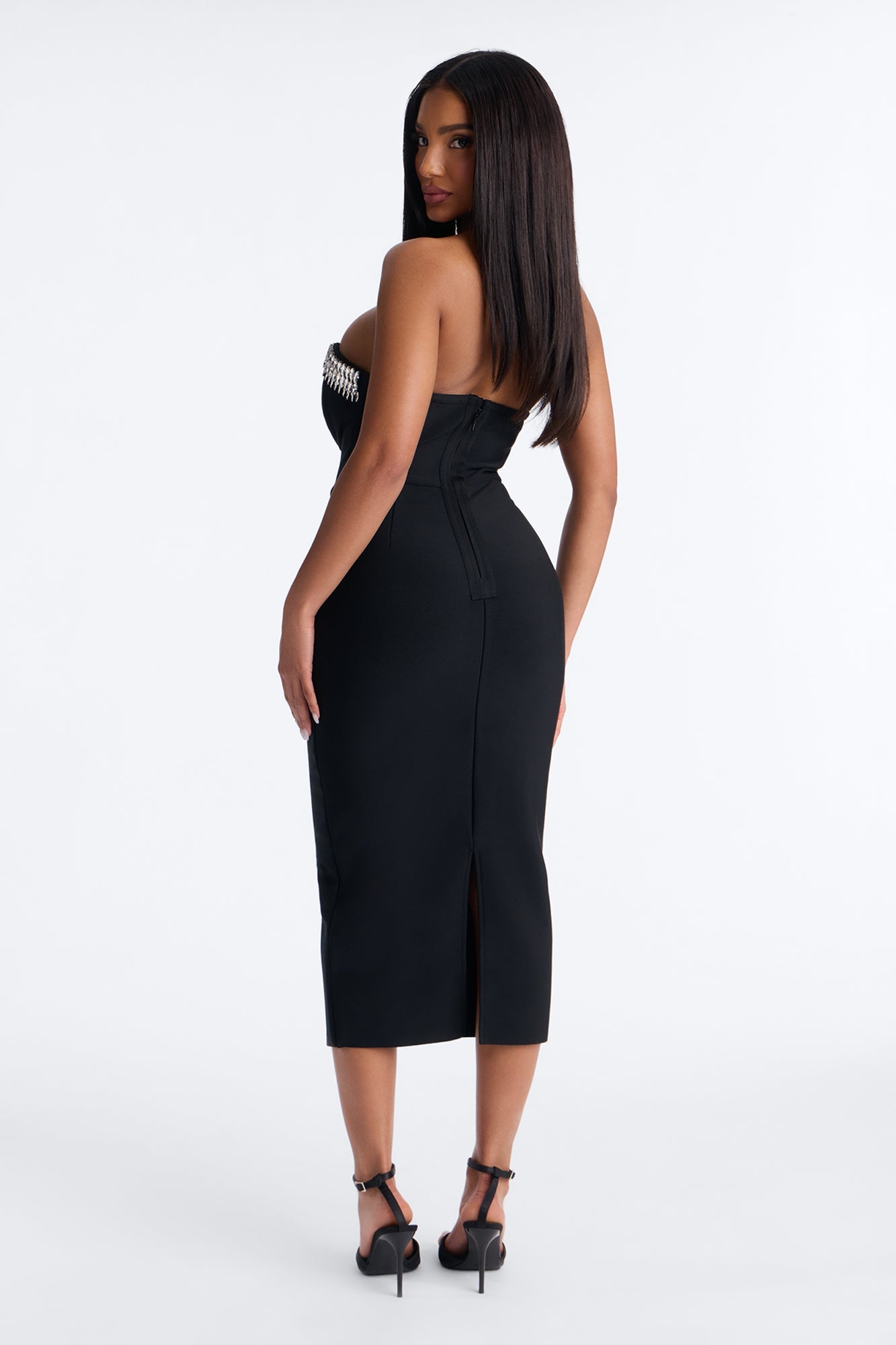 Liora Rhinestone Trim Bandage Midi Dress - Black