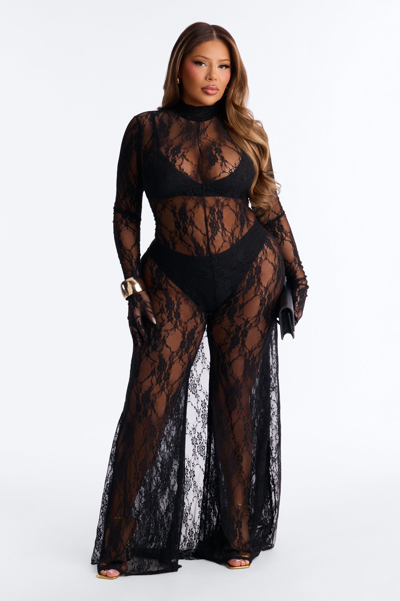 Candace Lace Gloved 3 Piece Jumpsuit Set - Black