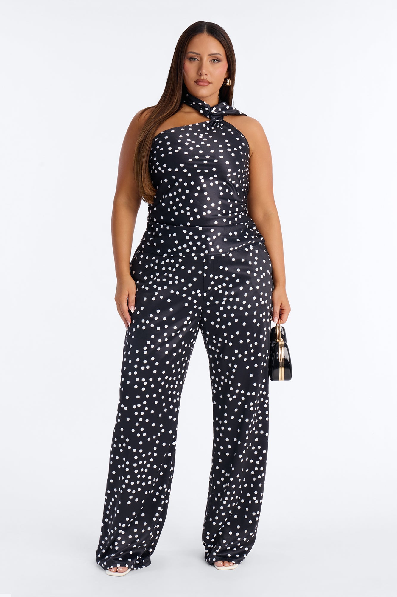 Jimena Polka Dot Satin Halter Pant Set - Black/White