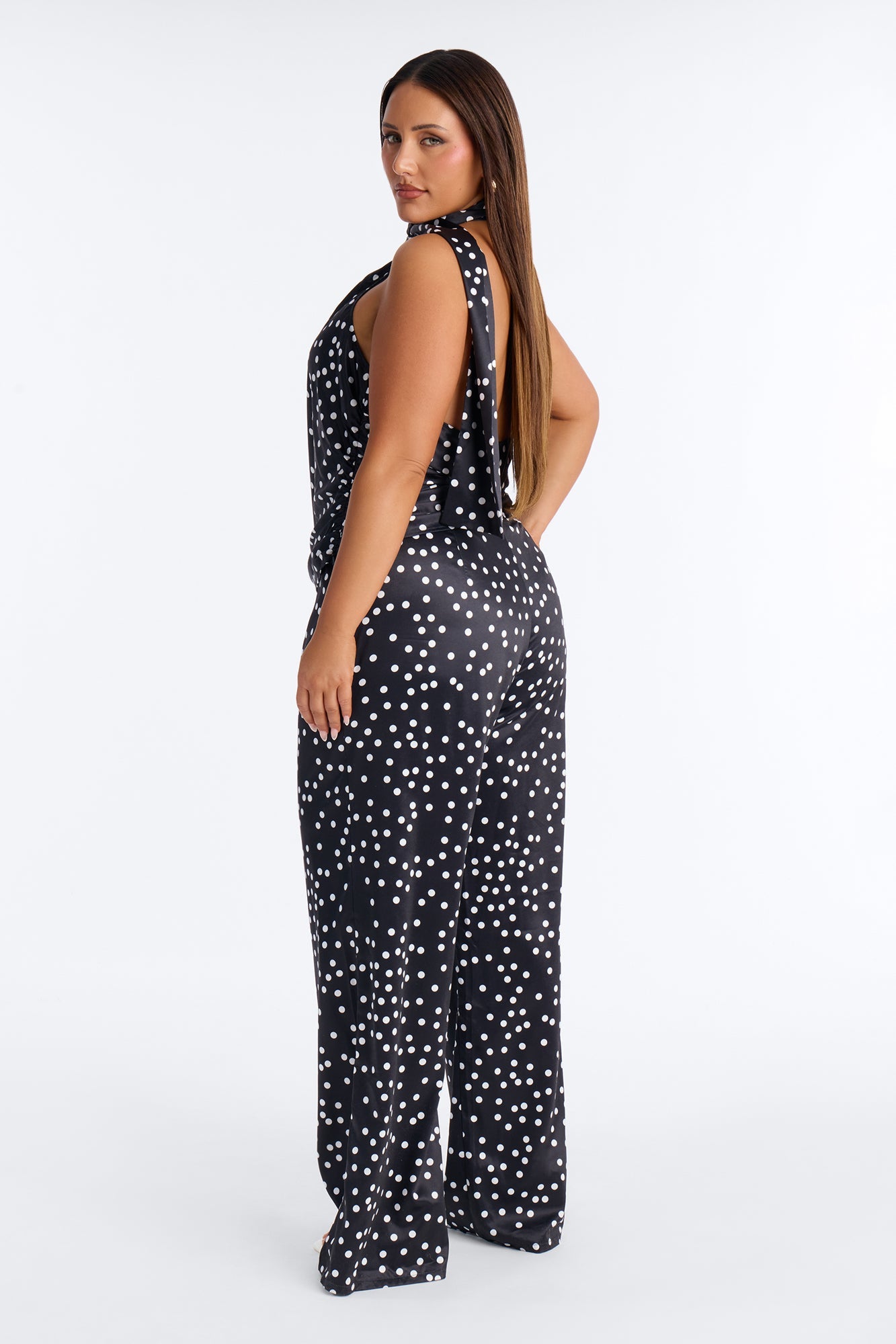 Jimena Polka Dot Satin Halter Pant Set - Black/White