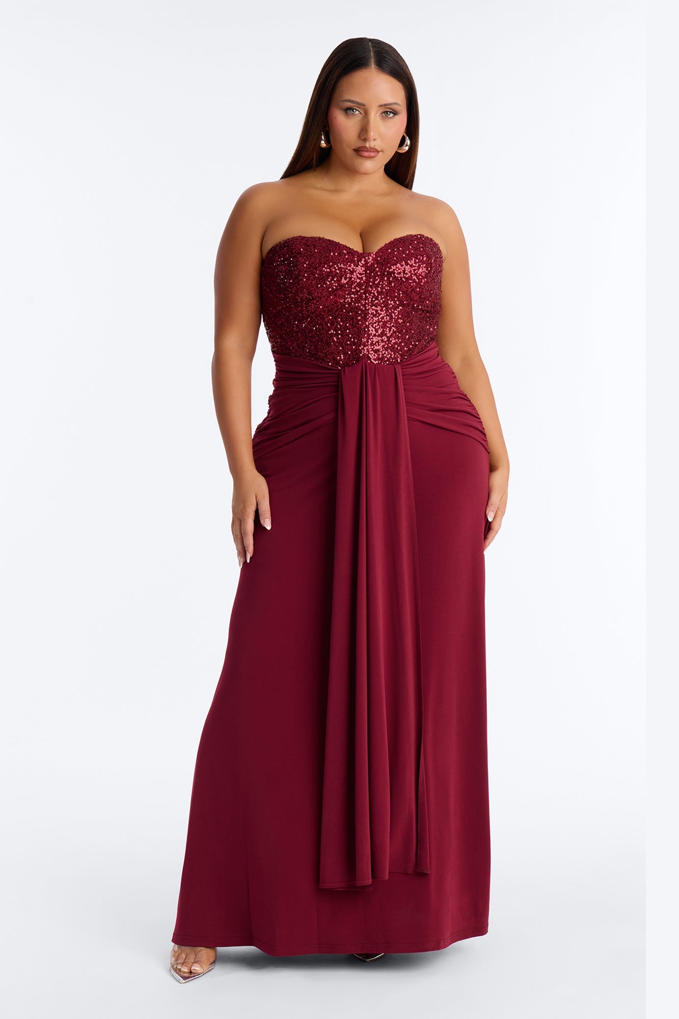 Dream Girl Draped Sequin Gown - Burgundy