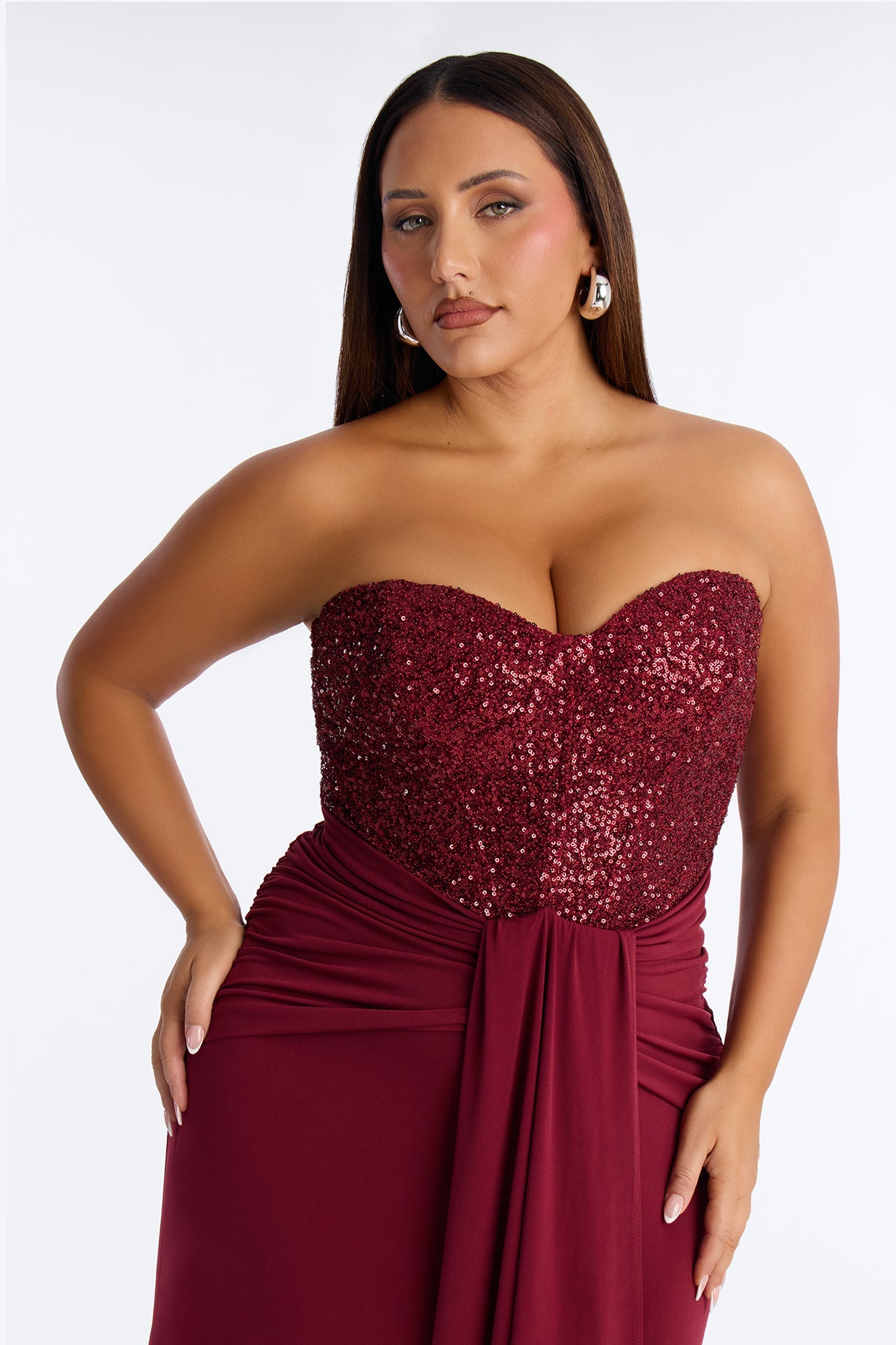 Dream Girl Draped Sequin Gown - Burgundy