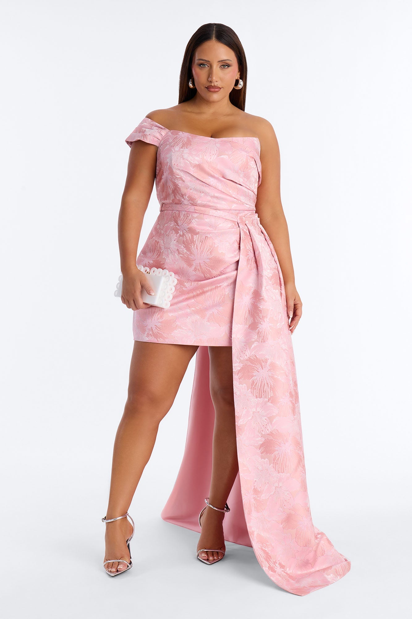 Isabella Removable Train Jacquard Mini Dress - Pink