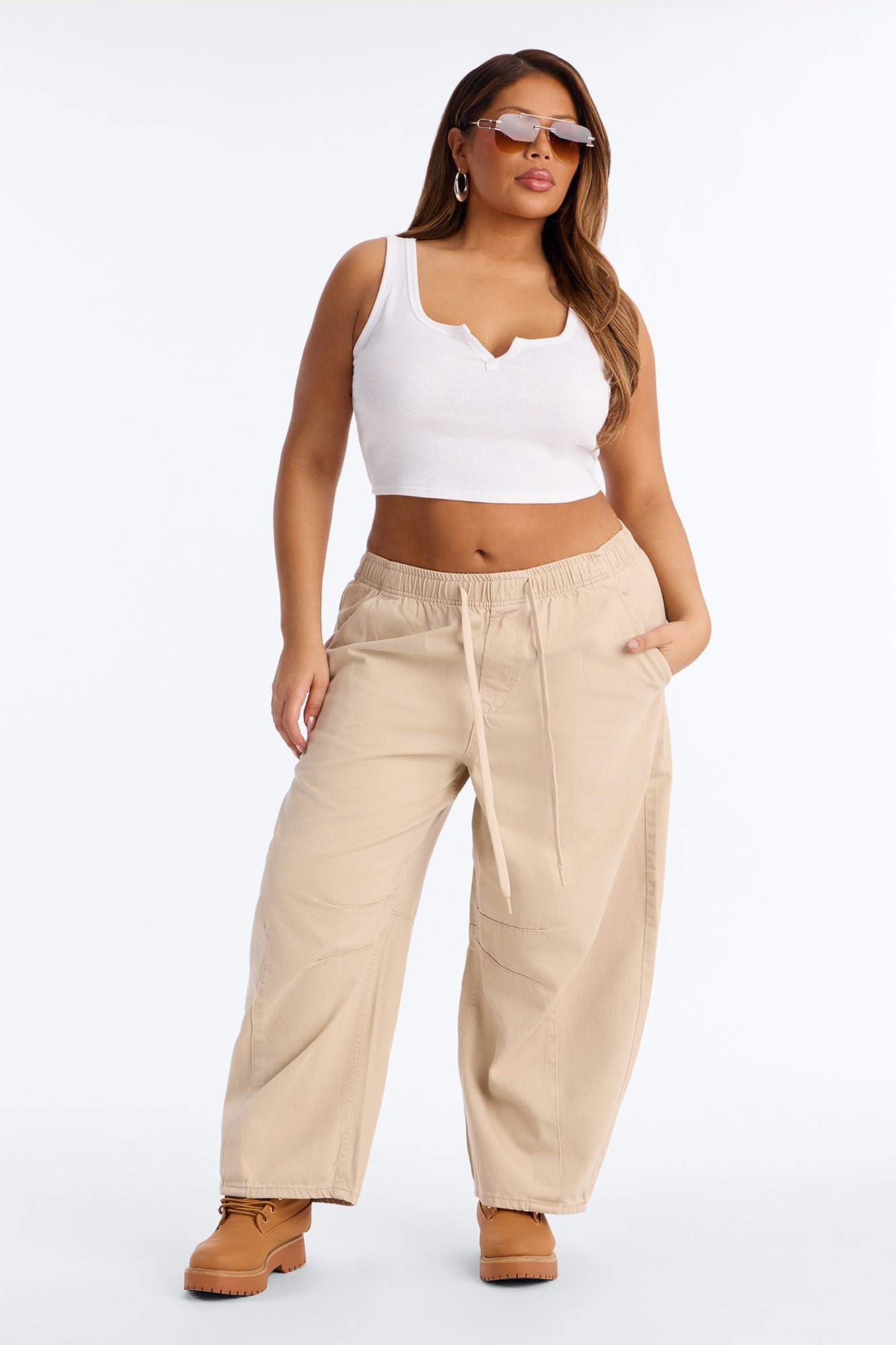 Vacay Moods Pull On Tie Waist Jeans - Khaki