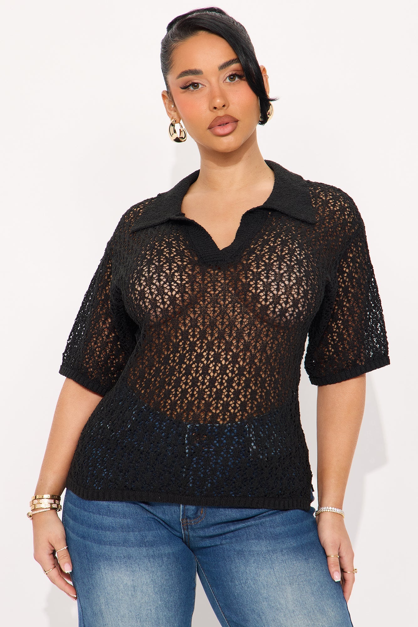 Ines Crochet Polo Top - Black
