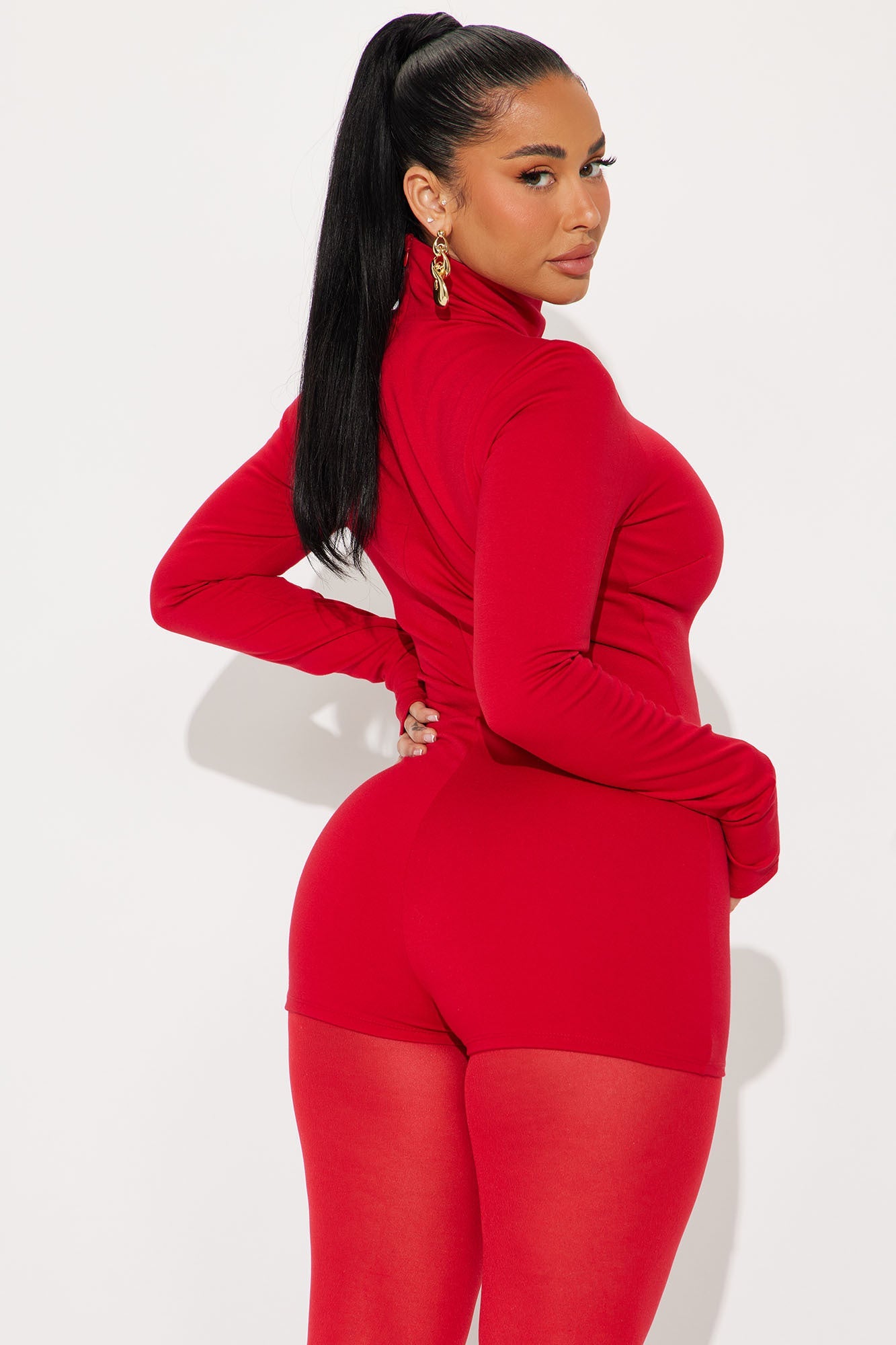 Natalye Long Sleeve Mock Neck Romper - Red