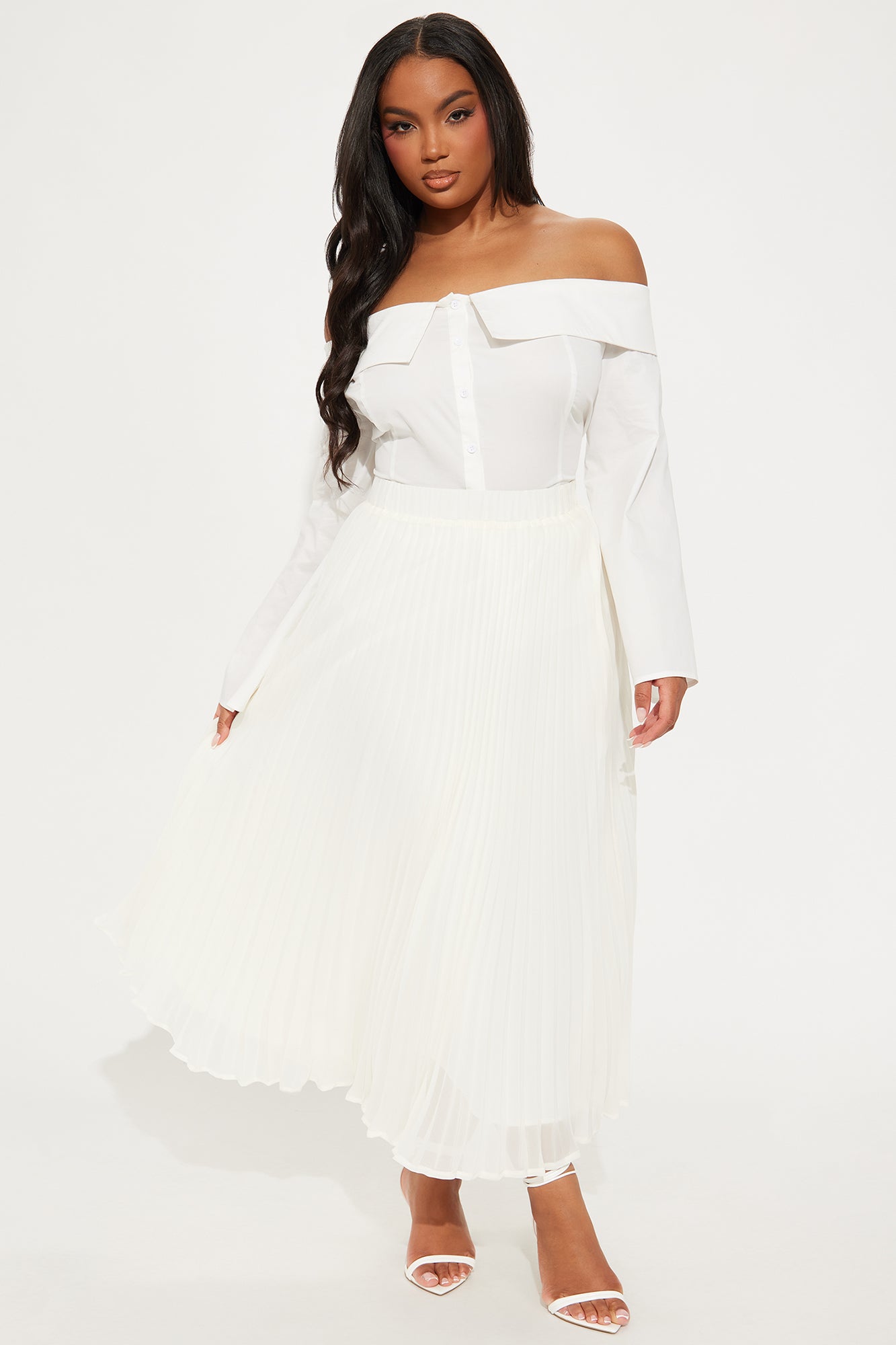Press Reset Pleated Chiffon Midi Skirt - Off White