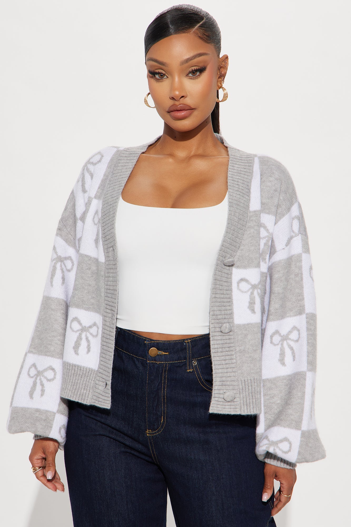 Check It Out Bow Cardigan - Grey/combo