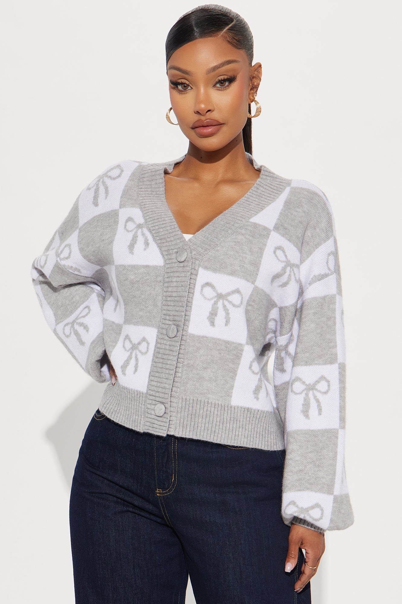 Check It Out Bow Cardigan - Grey/combo