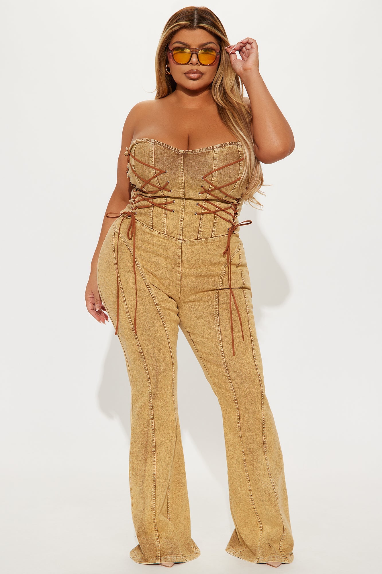 Meet Me In The Desert Denim Jumpsuit - Tan