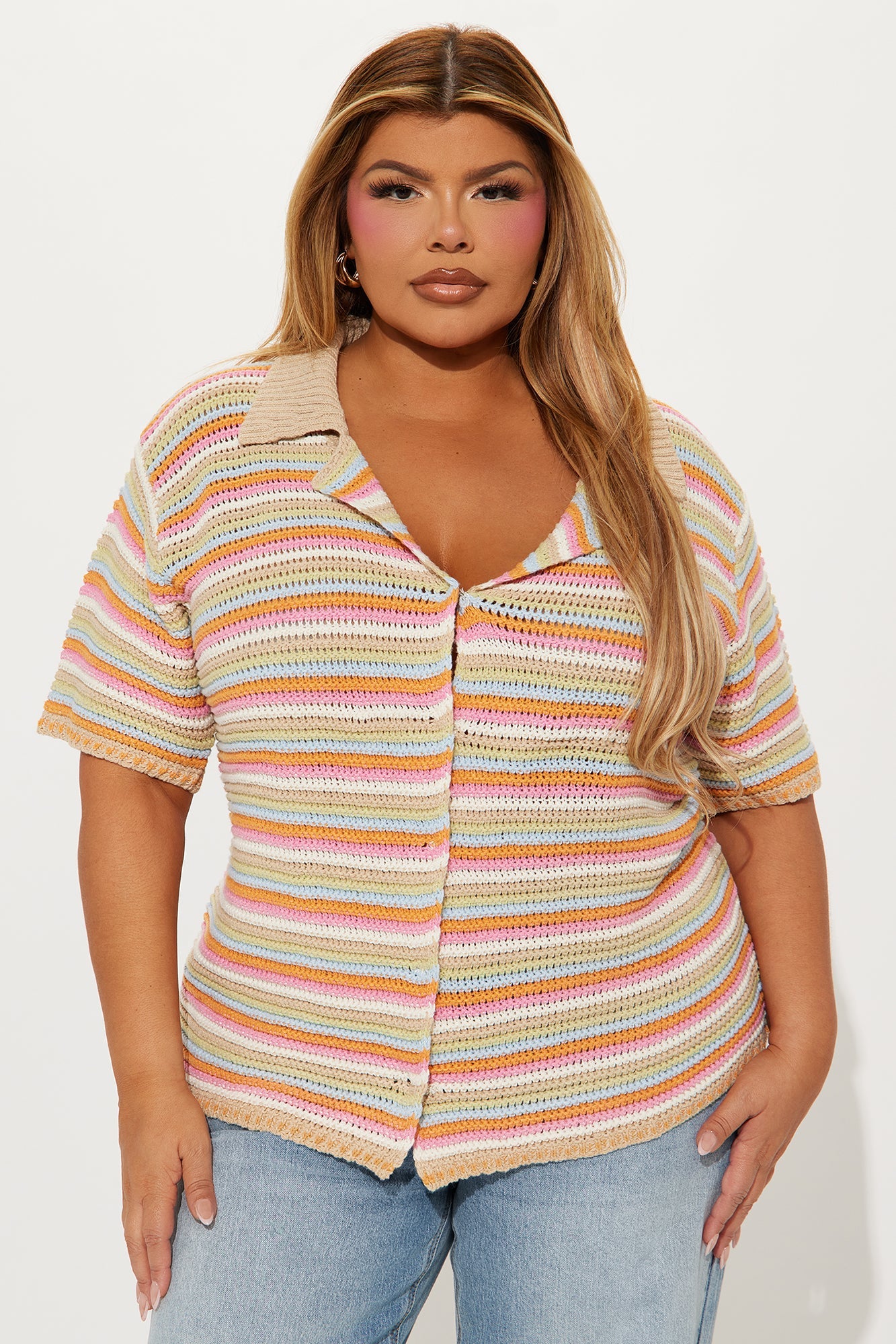 Adeline Oversized Striped Crochet Shirt - Multi Color