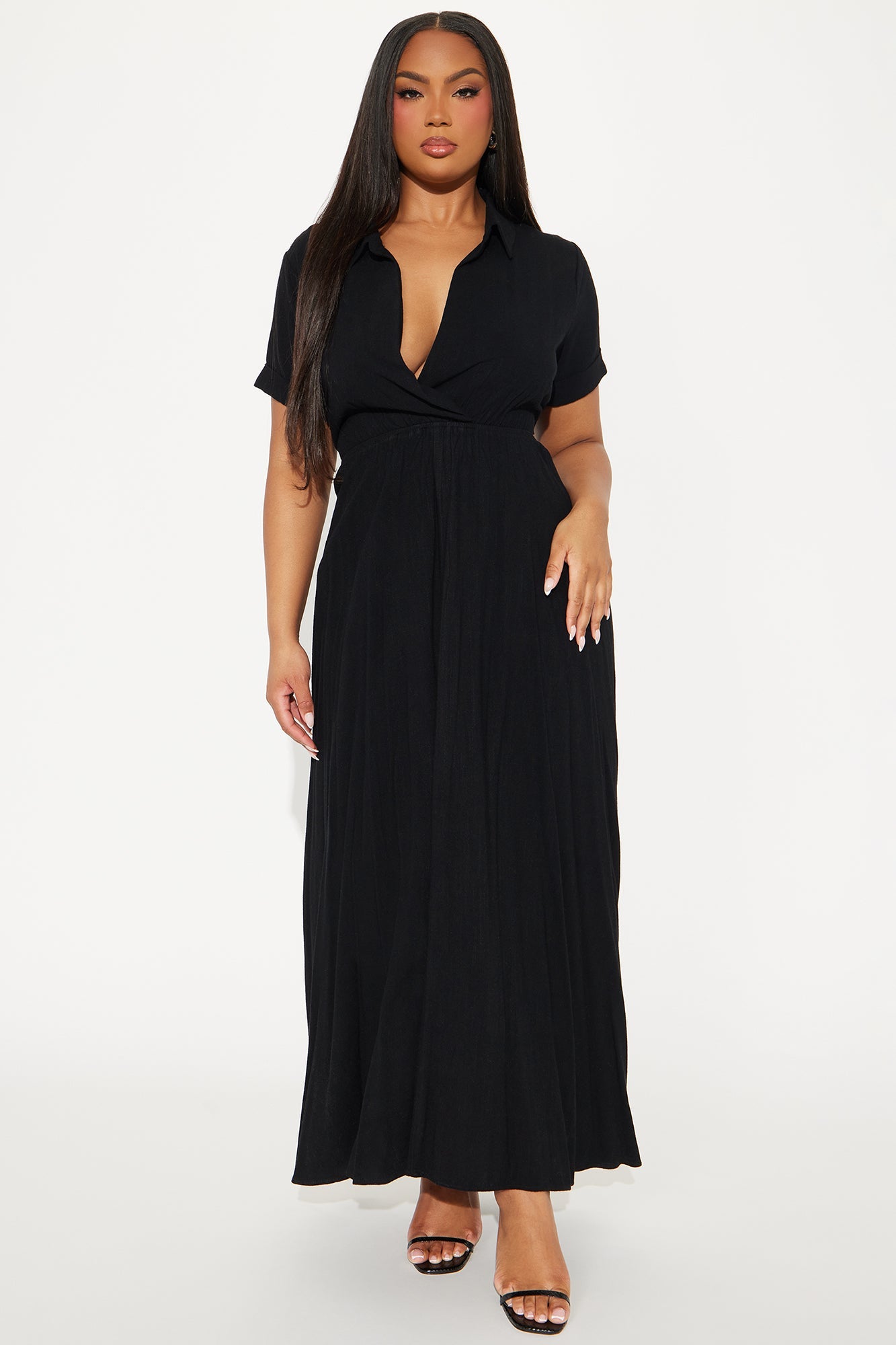 Linen Maxi Shirt Dress - Black