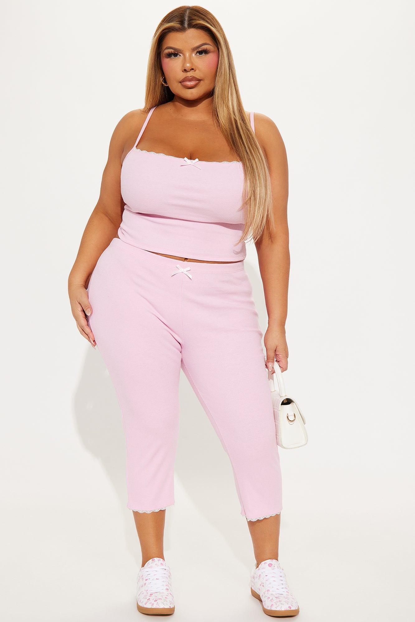 Arabella Lace Trim Capri Pant Set - Pink