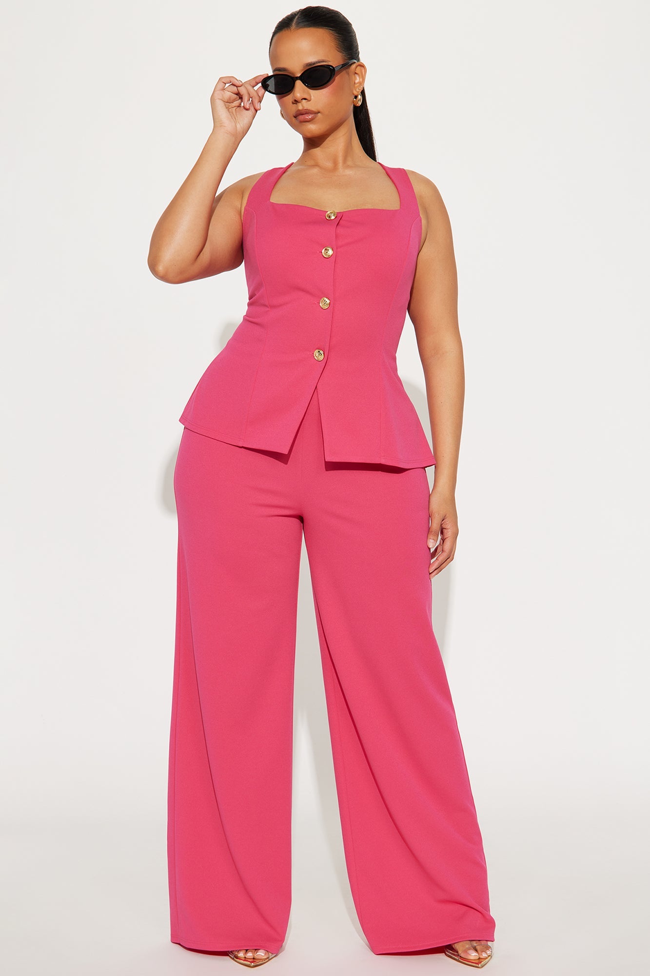 Ready For Business Office Vest Wide Leg Pant Set - Fuchsia