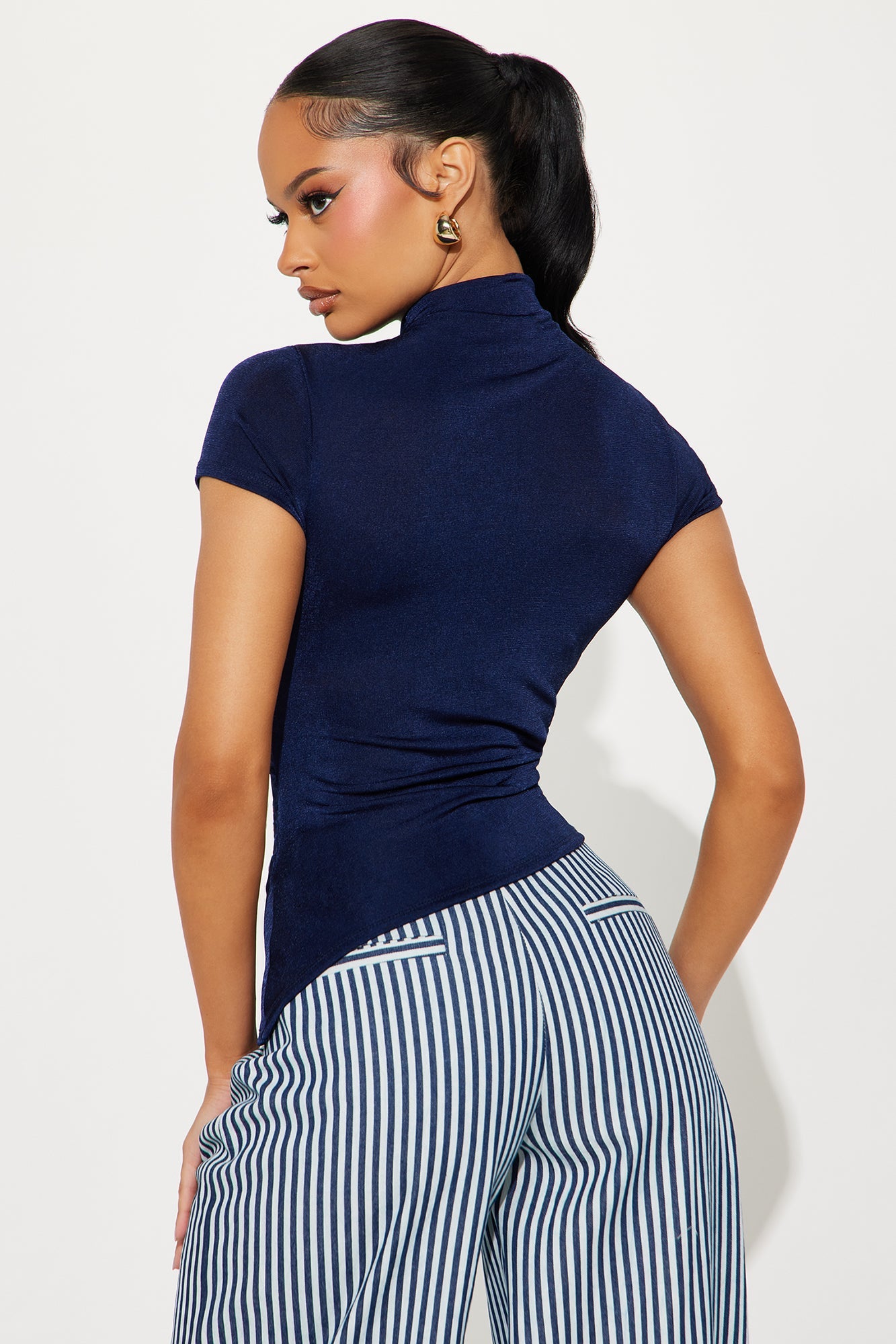 Rebecca Cap Sleeve Asymmetrical Ruched Top - Navy