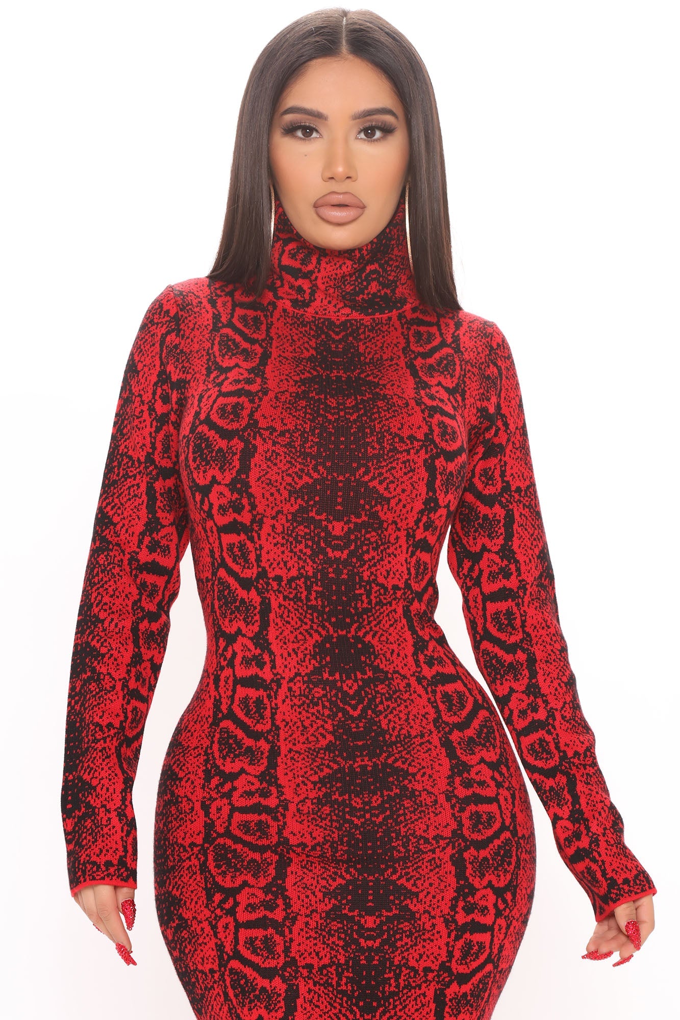 Saucy Snake Sweater Midi Dress - Red/Black