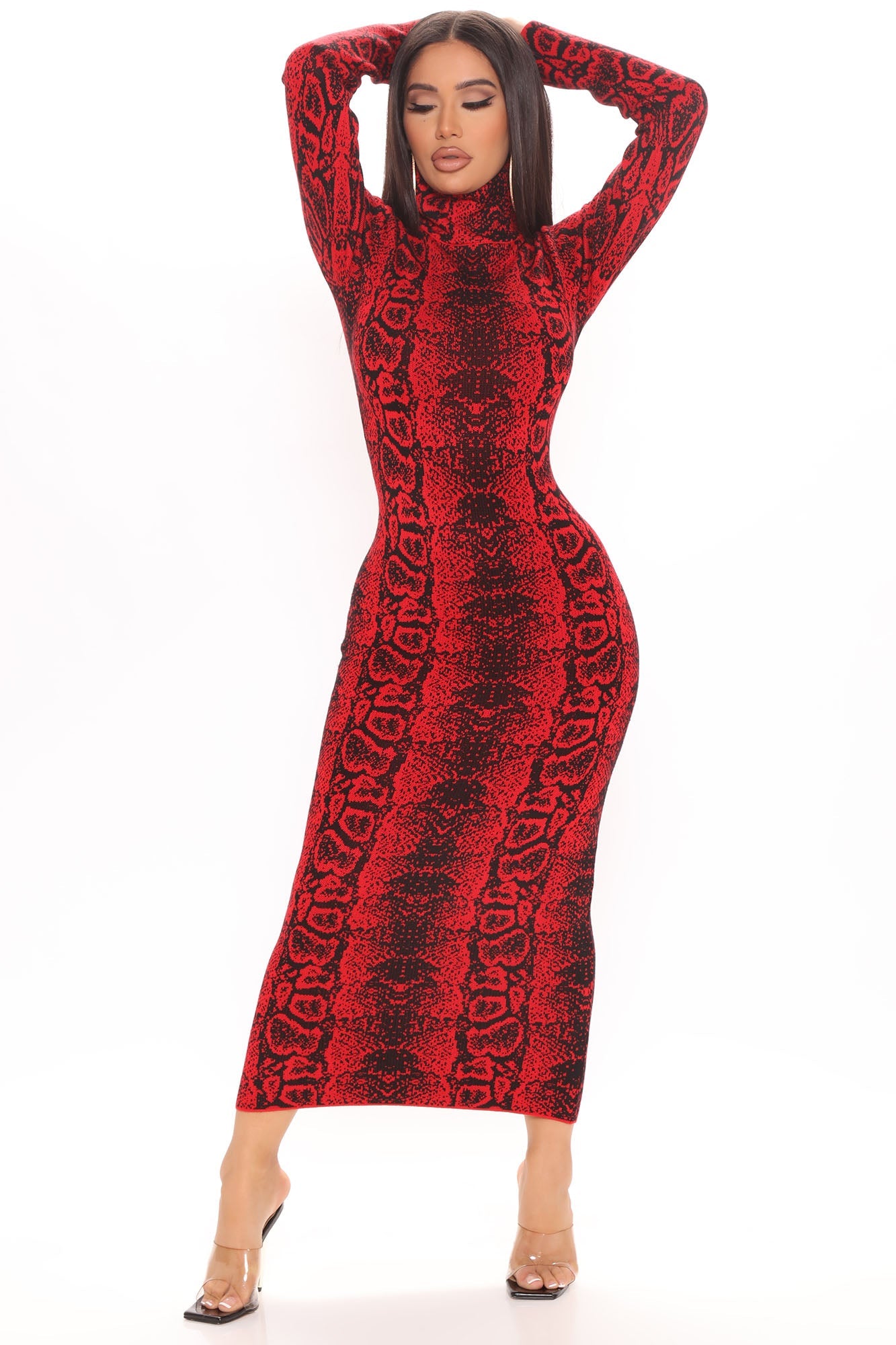 Saucy Snake Sweater Midi Dress - Red/Black
