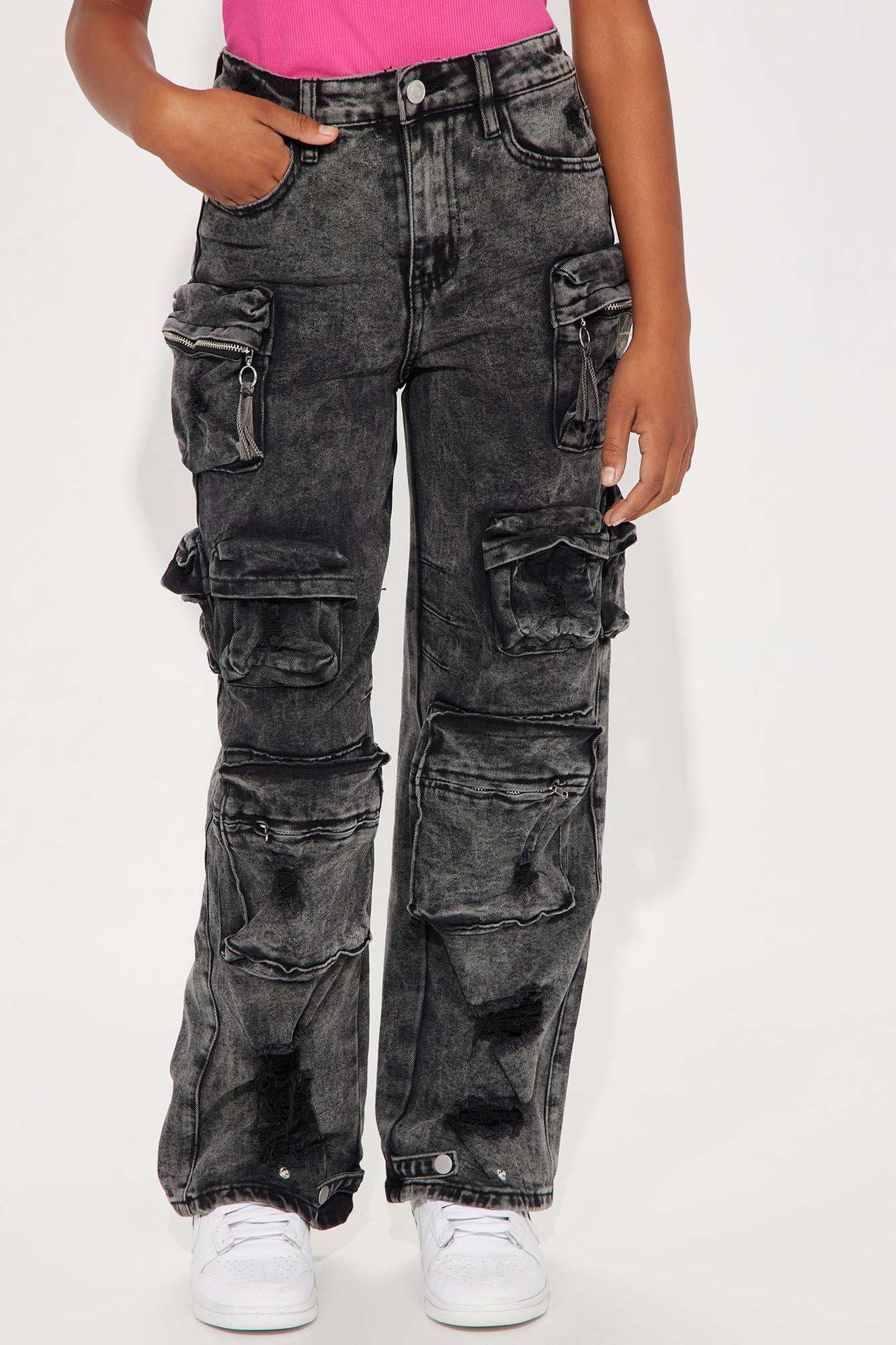 Mini Millie Ripped Cargo Jean - Acid Wash Black