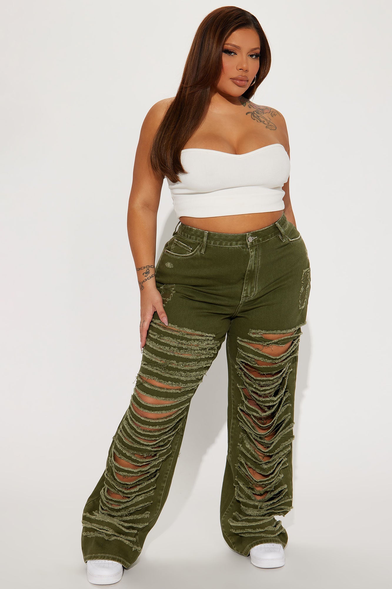 Big Dreams Non Stretch Ripped Wide Leg Baggy Jean - Olive